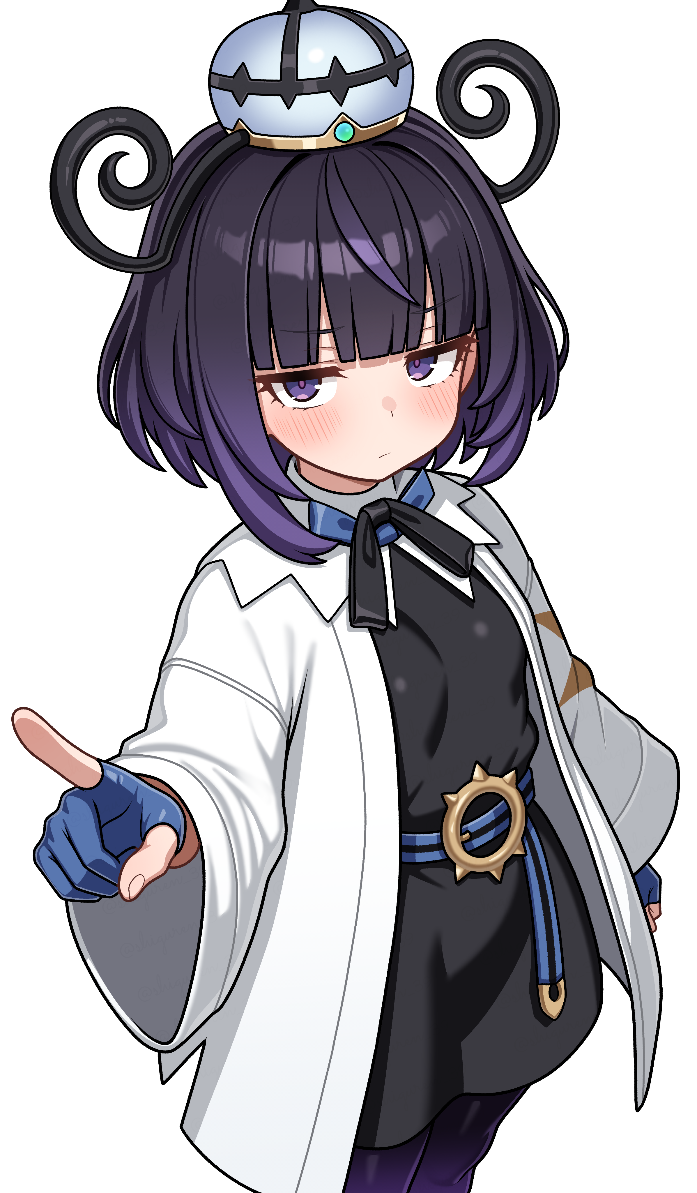 shiguren 39, gwynn (pokemon), nintendo, pokemon, pokemon legends: z-a, absurdres, commentary request, highres, 1girl, black dress, black hair, blue gloves, blush, breasts, closed mouth, dress, gloves, jacket, long sleeves, looking at viewer, pointing, pointing at viewer, purple eyes, purple hair, short hair, simple background, small breasts, solo, white background, white jacket
