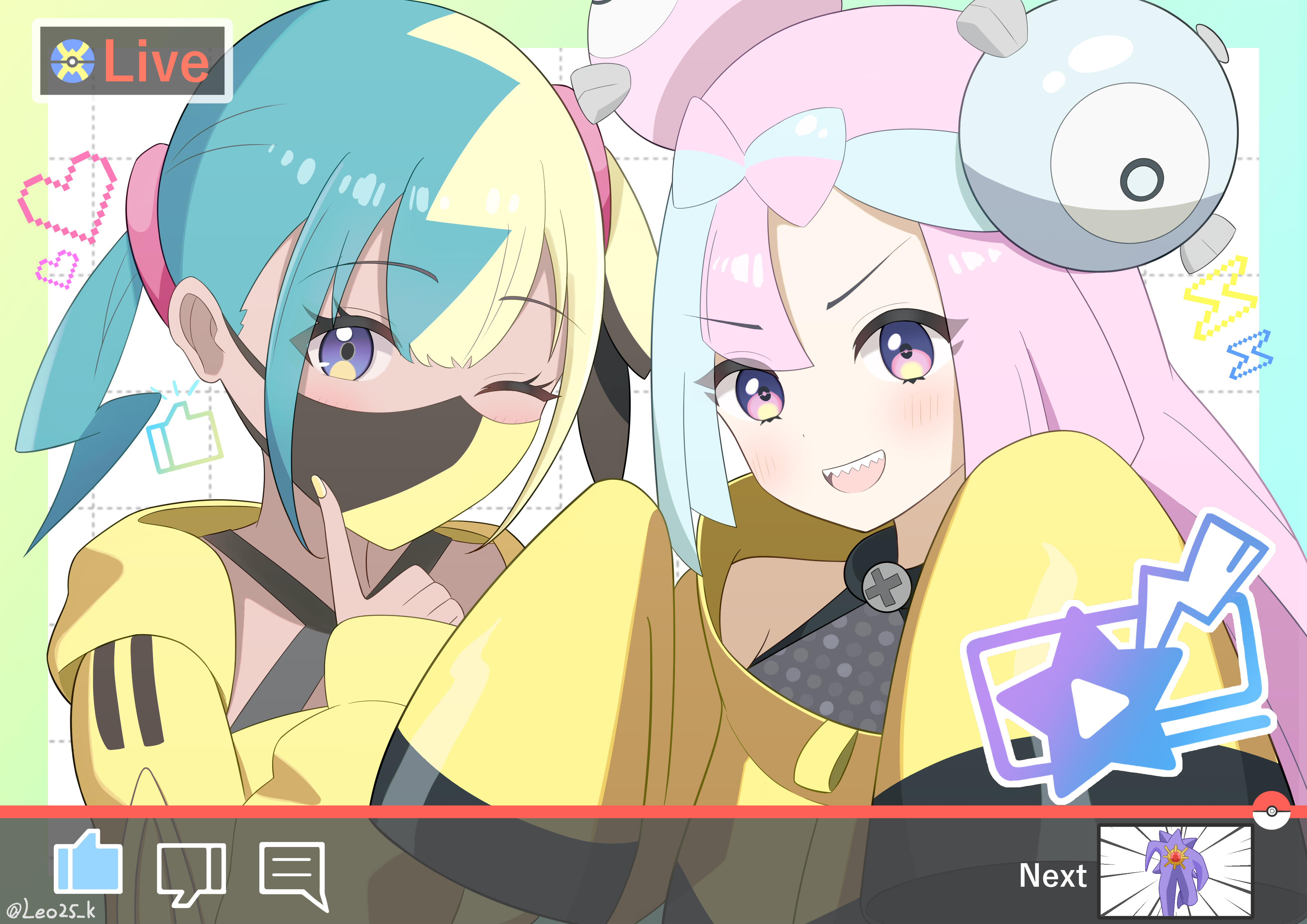 leo25 k, canari (pokemon), iono (pokemon), pokemon, pokemon legends: z-a, pokemon sv, absurdres, highres, 2girls, dark-skinned female, dark skin, multiple girls, one eye closed