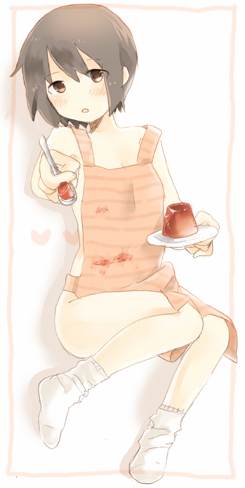 yoshioka mitsuko, original, 1girl, apron, black hair, blush, female focus, food, heart, holding, holding spoon, naked apron, open mouth, pudding, red eyes, short hair, sidelocks, socks, solo, spoon