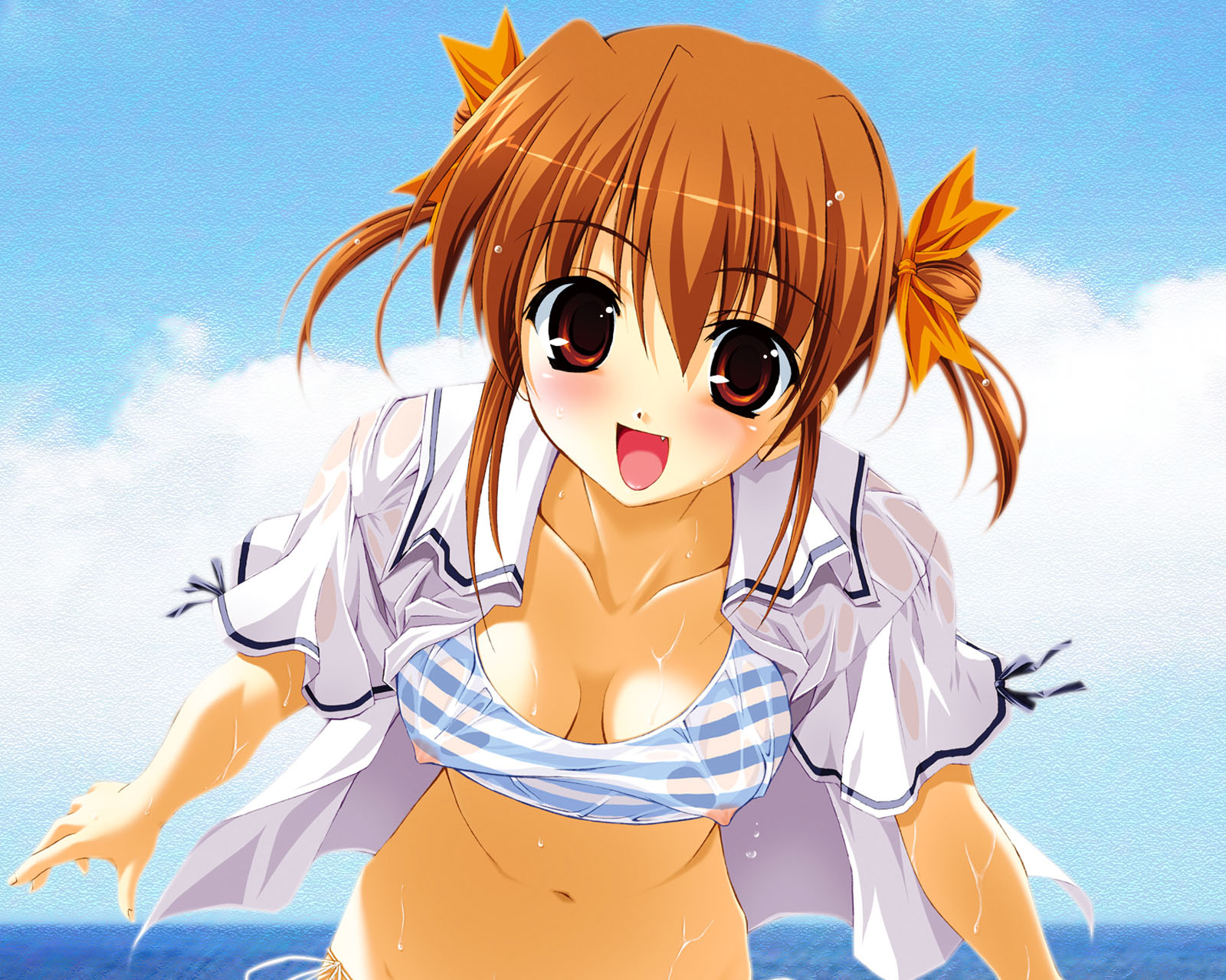 fumio (ura fmo), sakura chika, sorauta, striped, highres, 1girl, blonde hair, blush, bra, breasts, cloud, covered erect nipples, day, female focus, hair ribbon, lingerie, medium breasts, ocean, open clothes, open shirt, orange hair, ribbon, school uniform, shirt, solo, underwear, wet, wet clothes