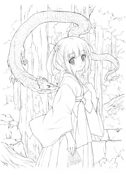 amami mikihiro, original, blush, dragon, greyscale, japanese clothes, lineart, miko, monochrome, nature, outdoors, short twintails, smile, solo, tarot, tree, twintails