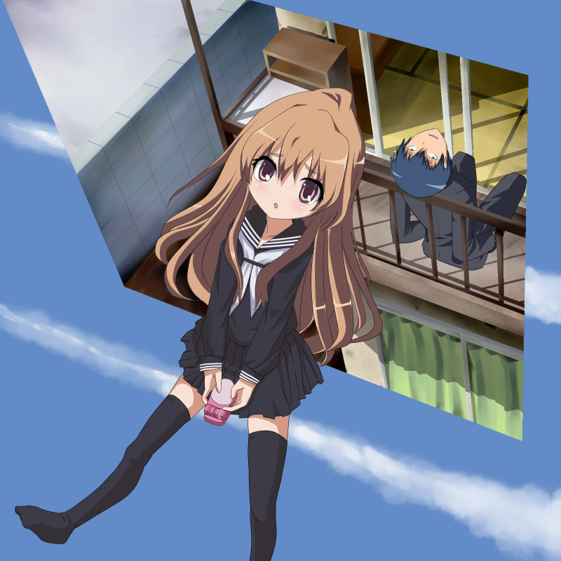 sigetch, aisaka taiga, takasu ryuuji, toradora!, bad id, bad pixiv id, 00s, 1boy, 1girl, black serafuku, blue hair, brown eyes, brown hair, cellphone, long hair, phone, school uniform, serafuku, short hair, thighhighs