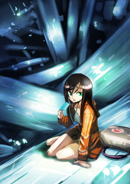 adachi yousuke, original, 1girl, :p, aqua eyes, arm support, barefoot, black hair, feet, female focus, food, long hair, popsicle, sitting, solo, tongue, tongue out