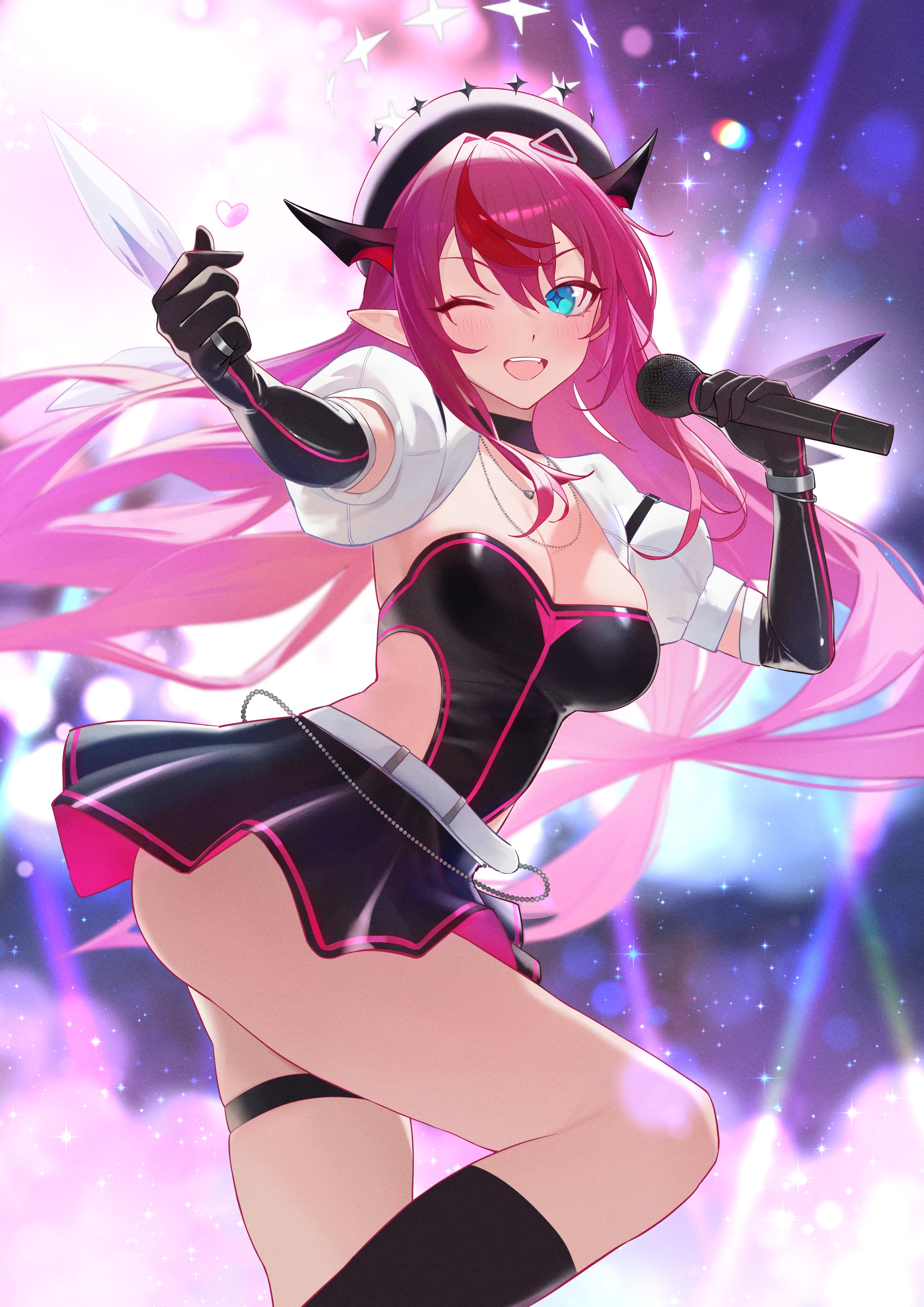 serelith, irys (hololive), hololive, hololive english, absurdres, highres, 1girl, alternate hairstyle, ass, beret, black gloves, blue eyes, double halo, elbow gloves, gloves, halo, hat, holding, holding microphone, horns, long hair, microphone, one eye closed, open mouth, pointy ears, purple hair, skindentation, smile, solo, star-shaped pupils, star (symbol), star halo, symbol-shaped pupils, very long hair, virtual youtuber
