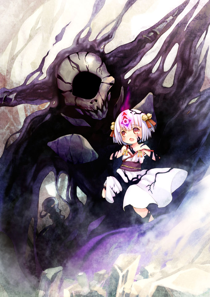 kito (sorahate), original, albino, armpits, bare shoulders, bell, blush, dress, hair ornament, monster, open mouth, red eyes, ribbon, short hair, solo, white hair