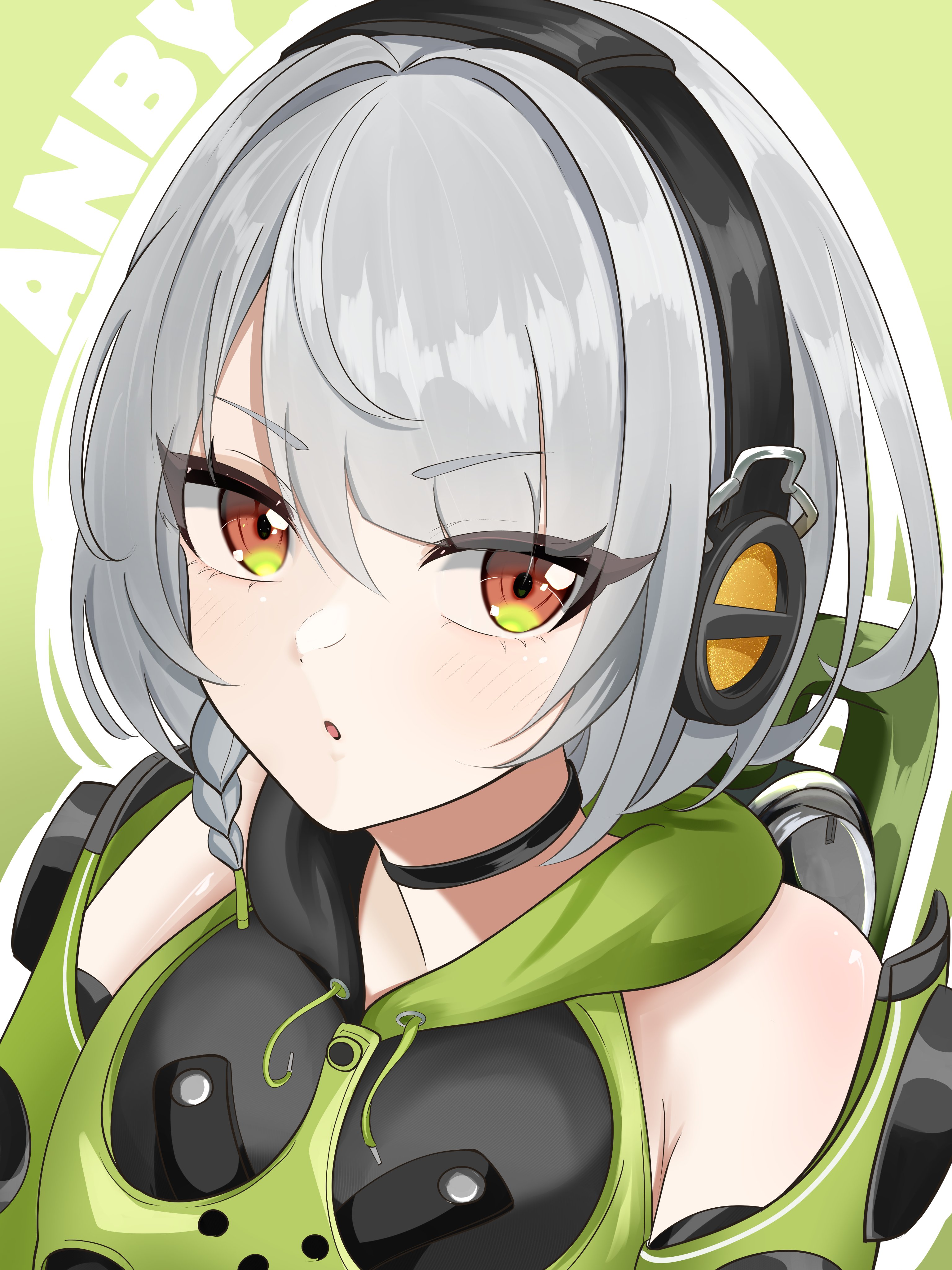 bunchosan dayo, anby demara, zenless zone zero, absurdres, commentary request, highres, 1girl, backpack, bag, bare shoulders, blush, braid, braided sidelock, character name, collar, detached sleeves, green background, green jacket, green sleeves, grey hair, hair between eyes, headphones, hood, jacket, looking at viewer, multicolored sleeves, open mouth, orange eyes, outline, sleeveless, sleeveless jacket, solo, upper body, white outline