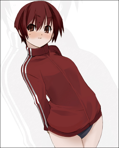aka ume, original, 1girl, blush, female focus, jacket, jersey, no pants, one-piece swimsuit, red eyes, red hair, school swimsuit, short hair, solo, swimsuit, swimsuit under clothes, track jacket