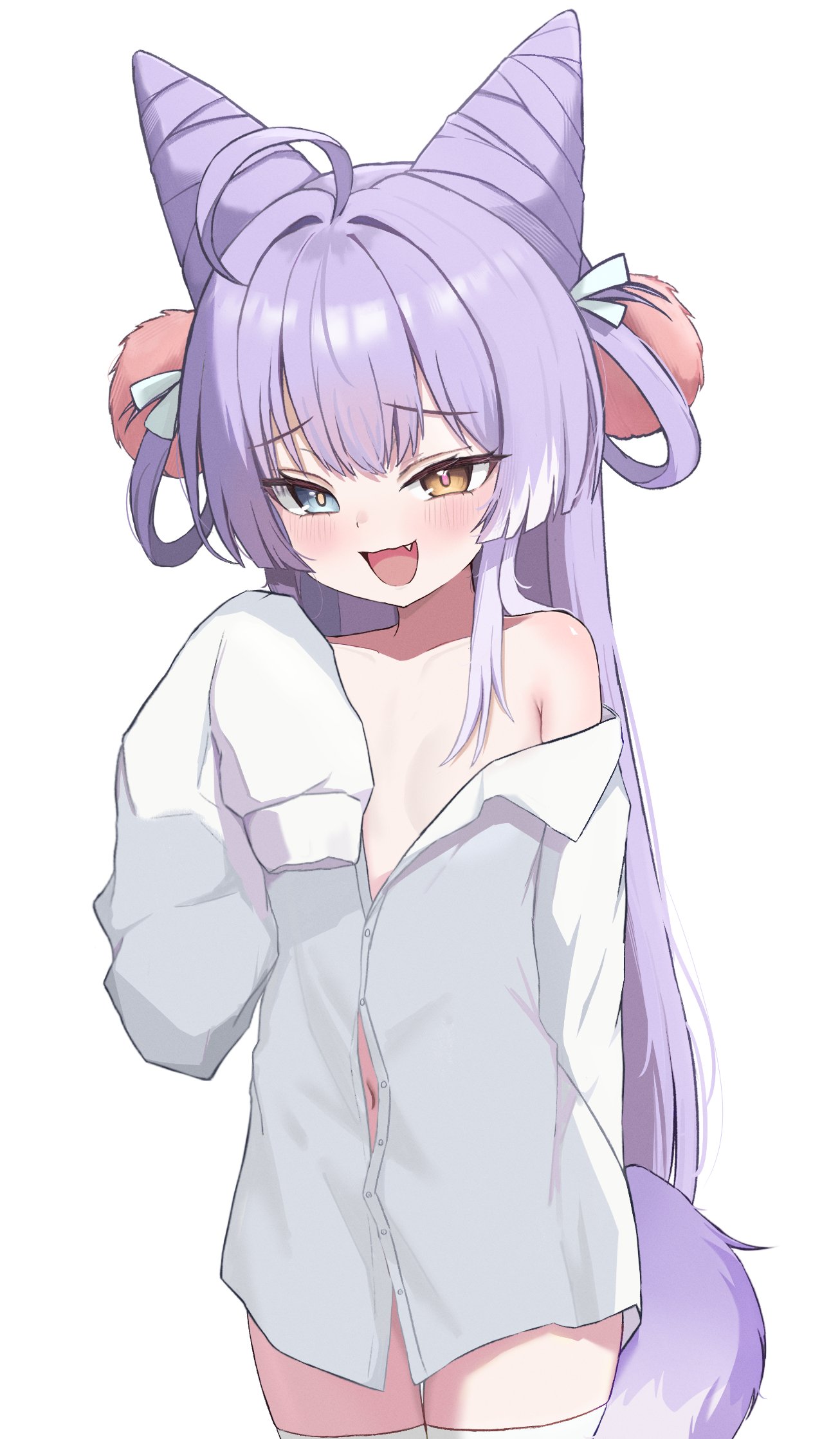tenko shibuki, stellive, commentary request, highres, korean commentary, 1girl, :d, ahoge, blue eyes, breasts, button gap, colored tips, cone hair bun, double bun, fang, fox girl, fox tail, gamble 0, hair bun, hair ornament, hair rings, hand up, heterochromia, long hair, long sleeves, looking at viewer, mesugaki, multicolored hair, navel, no pants, off shoulder, open clothes, open mouth, open shirt, partially unbuttoned, pom pom (clothes), pom pom hair ornament, shirt, shirt slip, simple background, sleeves past fingers, sleeves past wrists, small breasts, smile, smug, tail, thighhighs, two-tone hair, virtual youtuber, white background, white hair, white shirt, white thighhighs, yellow eyes
