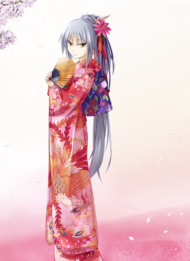 original, silver hair, cherry blossoms, hair ornament, hand fan, japanese clothes, kimono, long hair, smile, solo, very long hair, yellow eyes