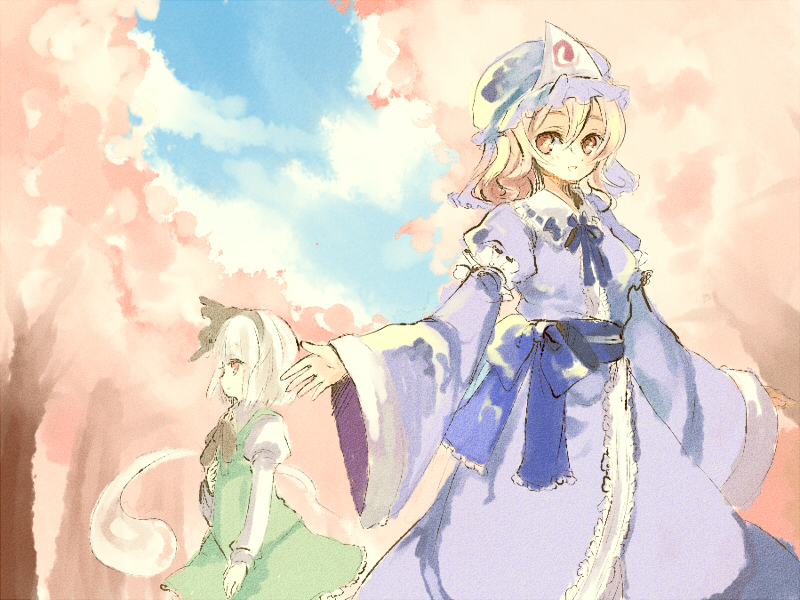 konpaku youmu, konpaku youmu (ghost), saigyouji yuyuko, touhou, 2girls, blonde hair, bow, cherry blossoms, dress, female focus, ghost, hair ornament, hairband, hat, headband, hitodama, japanese clothes, kimono, long hair, multiple girls, red eyes, short hair, smile, white hair