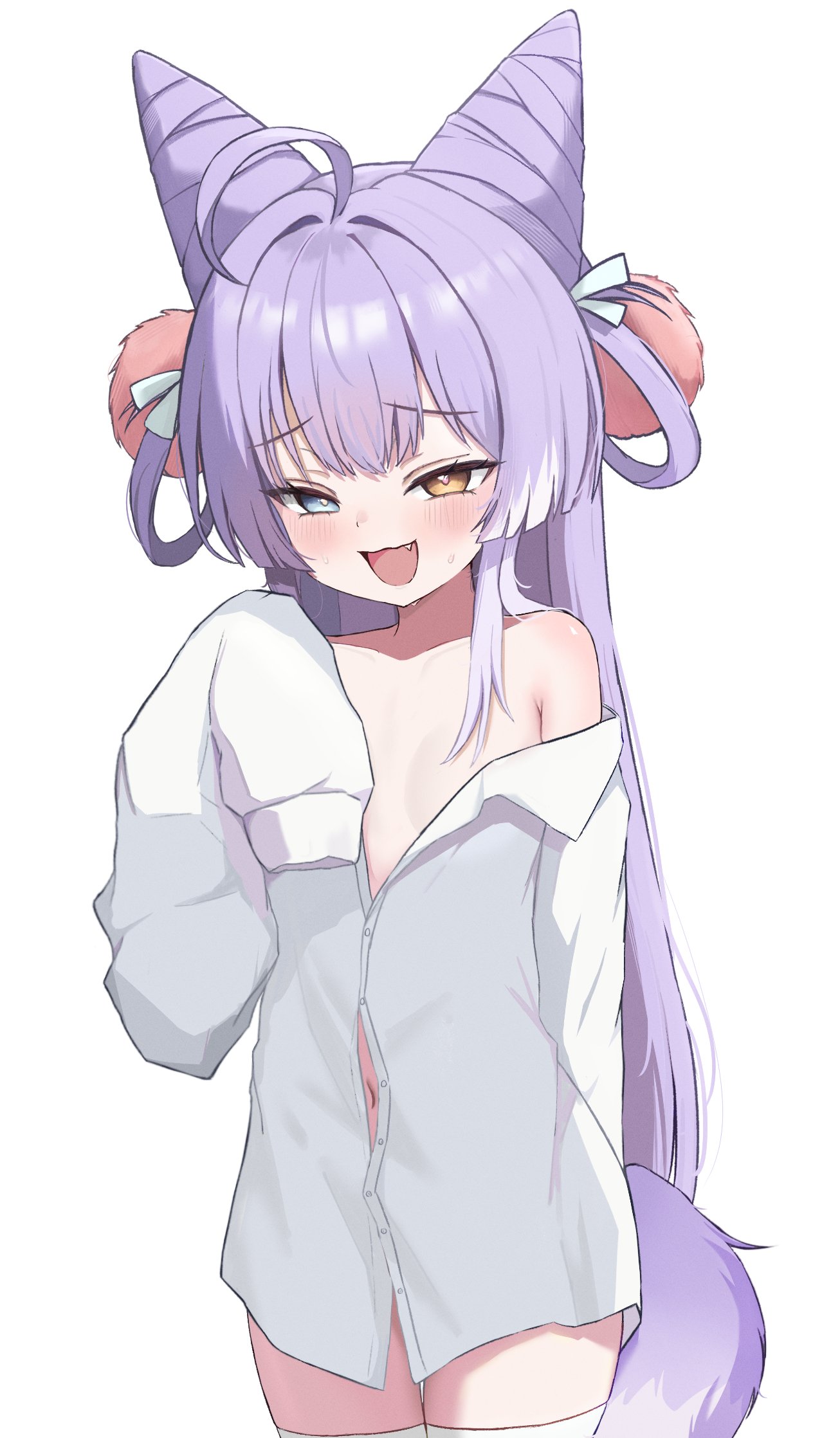 tenko shibuki, stellive, commentary request, highres, korean commentary, 1girl, :d, ahoge, blue eyes, breasts, button gap, colored tips, cone hair bun, double bun, fang, fox girl, fox tail, gamble 0, hair bun, hair ornament, hair rings, hand up, heterochromia, long hair, long sleeves, looking at viewer, mesugaki, multicolored hair, navel, nervous smile, no pants, off shoulder, open clothes, open mouth, open shirt, partially unbuttoned, pom pom (clothes), pom pom hair ornament, shirt, shirt slip, simple background, sleeves past fingers, sleeves past wrists, small breasts, smile, sweat, tail, thighhighs, two-tone hair, virtual youtuber, white background, white hair, white shirt, white thighhighs, yellow eyes
