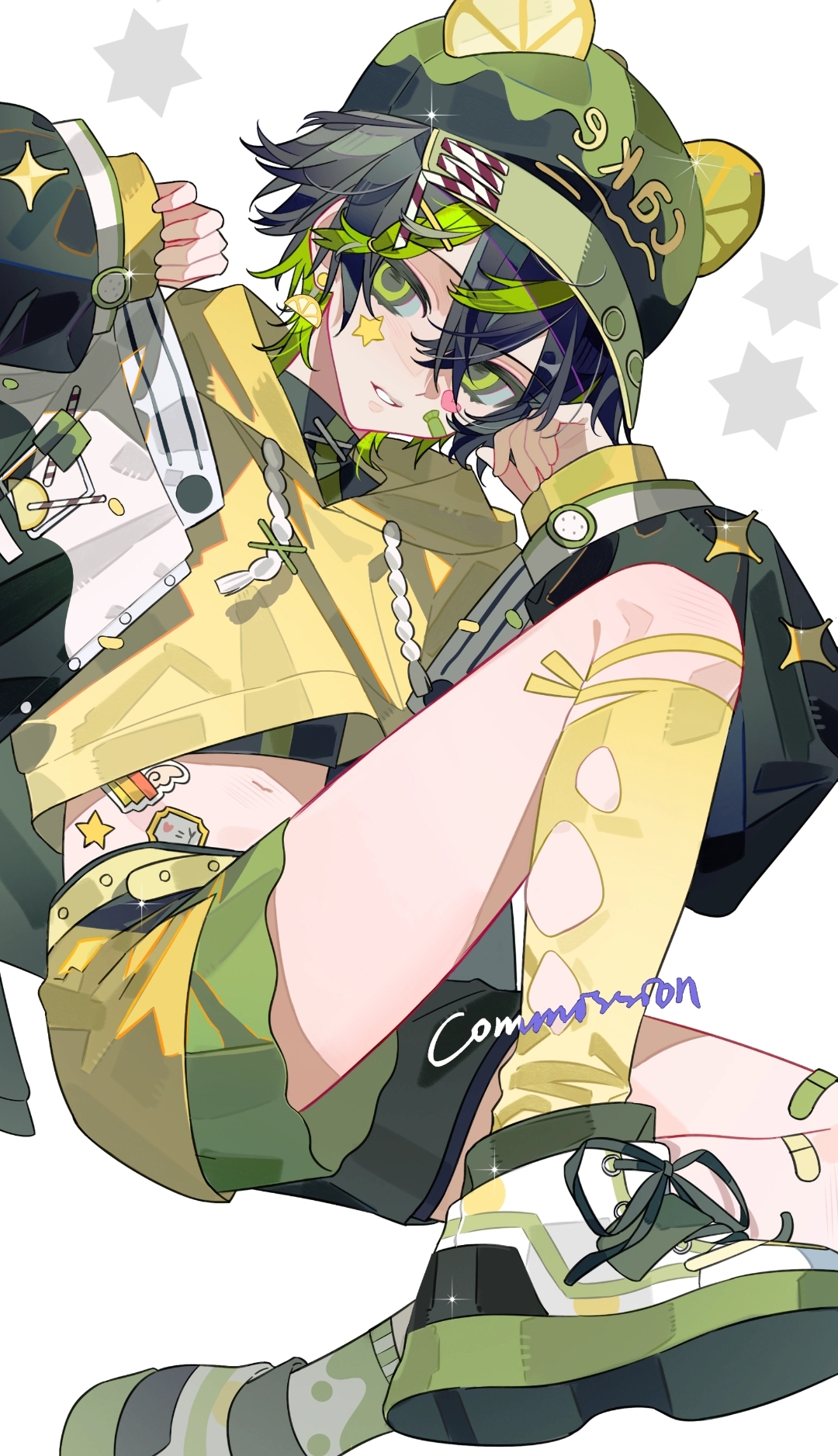 original, bad source, commentary request, highres, 1boy, animal ears, black hair, black jacket, green eyes, jacket, jinzhangde piku, shorts, yellow shorts