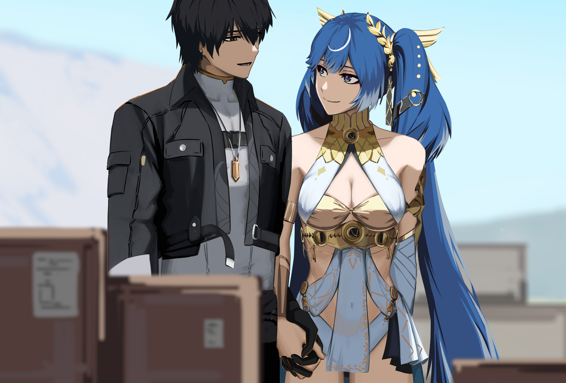 paperpillar, iuno (wuthering waves), male rover (wuthering waves), rover (wuthering waves), wuthering waves, commentary, highres, 1boy, 1girl, ancient greek clothes, armlet, bare shoulders, black gloves, black hair, black jacket, blue hair, blurry, blurry background, blurry foreground, breasts, cleavage, closed mouth, depth of field, eye contact, gloves, gold bra, greco-roman clothes, grey shirt, hair belt, holding hands, jacket, jewelry, laurel crown, long hair, looking at another, medium breasts, multicolored hair, necklace, shirt, smile, streaked hair, thighs, twintails, vambraces