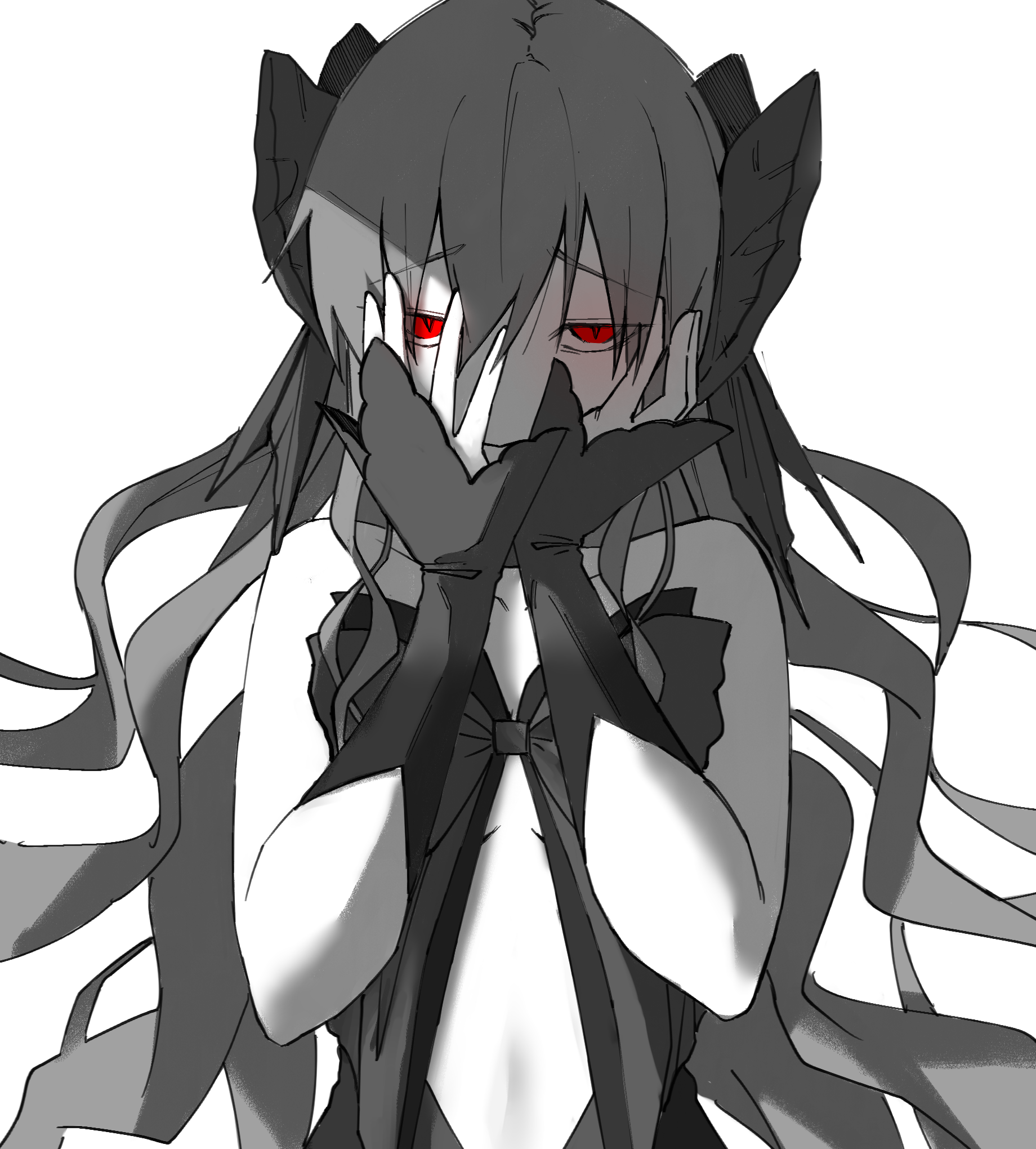 q osakanaaa, dead apostle noel (tsukihime), noel (tsukihime), tsukihime, tsukihime (remake), highres, 1girl, bow, clothing cutout, dress bow, hair between eyes, hair bow, hands on own face, leotard, long hair, looking at viewer, monochrome, multiple hair bows, red eyes, smile, vampire, wavy hair, white background