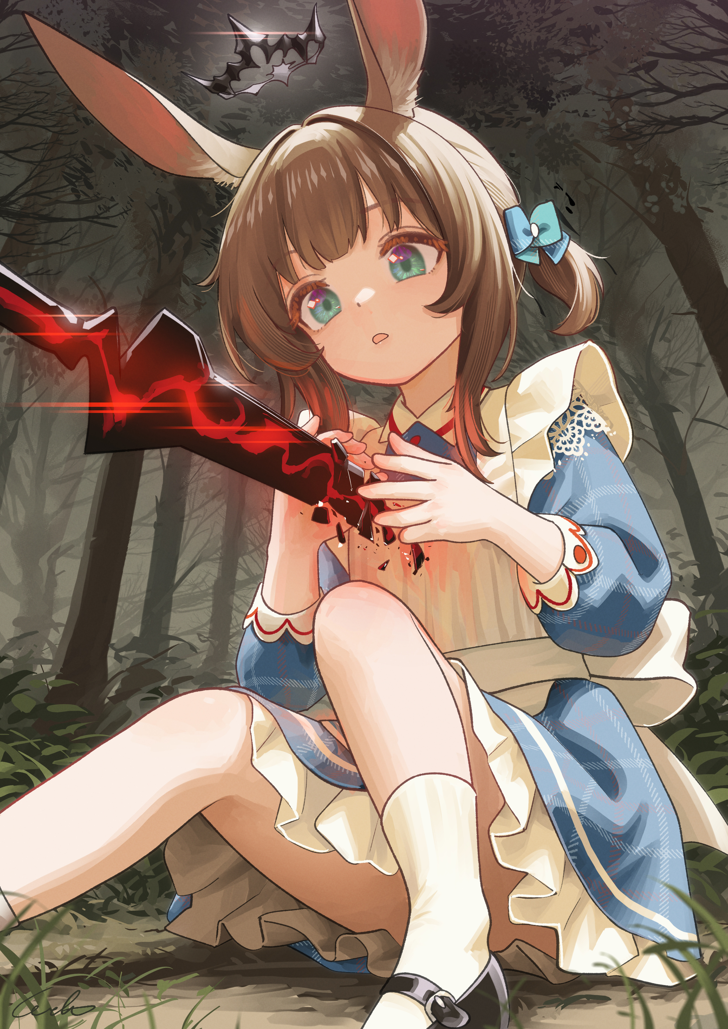 welt (kinsei koutenkyoku), amiya (arknights), arknights, absurdres, commentary request, highres, 1girl, alternate costume, animal ears, apron, blue dress, brown hair, convenient leg, dress, outdoors, rabbit ears, rabbit girl, sword, weapon