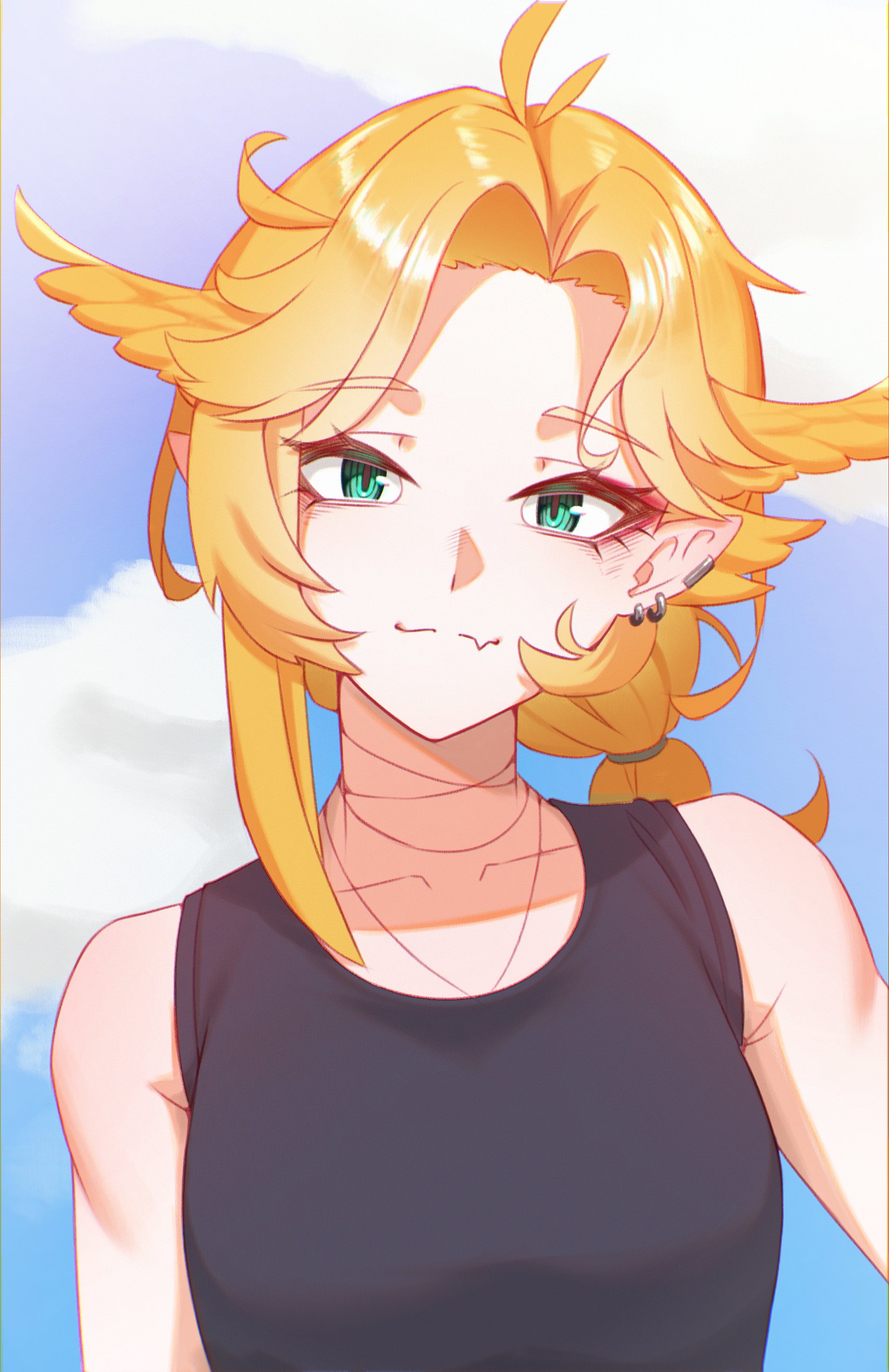 sioell, dokibird, dokibird (bounty hunter), indie virtual youtuber, absurdres, highres, 1girl, aqua eyes, black tank top, blonde hair, closed mouth, cloud, day, earrings, fang, feather hair, jewelry, looking at viewer, medium hair, outdoors, pointy ears, ponytail, skin fang, sky, solo, tank top, upper body, virtual youtuber