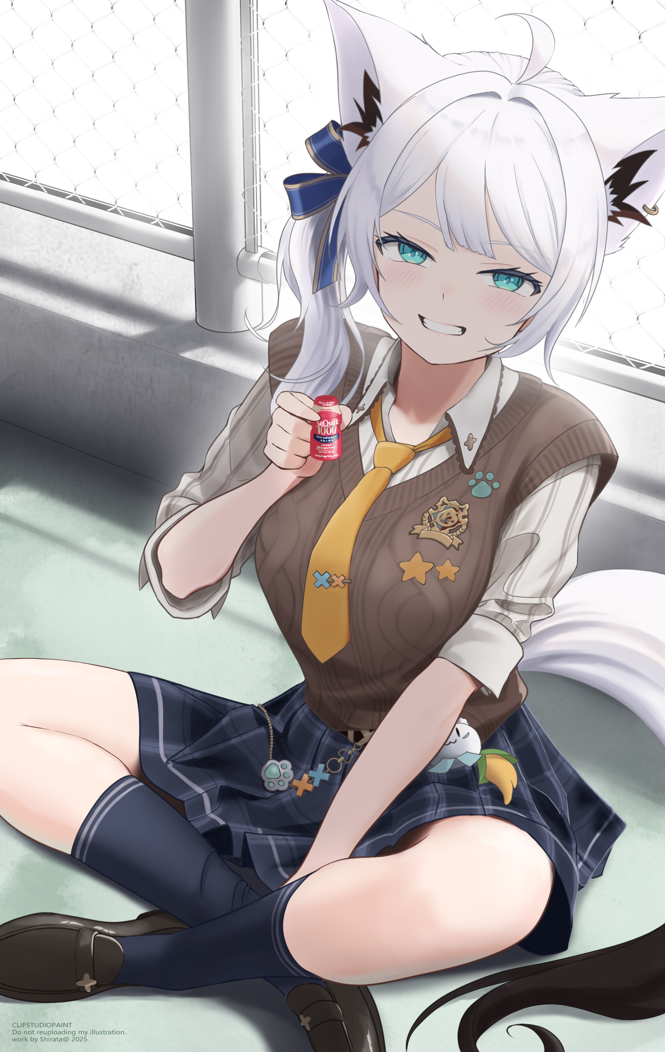 shirata98, shirakami fubuki, shirakami fubuki (11th costume), hololive, absurdres, highres, 1girl, ahoge, animal ear fluff, animal ear piercing, animal ears, black shoes, blue ribbon, blue skirt, blue socks, blush, bottle, breasts, brown sweater, fox ears, fox girl, fox tail, gyaru, hair ribbon, holding, holding bottle, long hair, long sleeves, looking at viewer, medium breasts, necktie, official alternate costume, official alternate hairstyle, orange necktie, parted lips, plaid clothes, plaid skirt, ribbon, shirt, shoes, side ponytail, sitting, skirt, smile, socks, solo, sweater, tail, virtual youtuber, white shirt