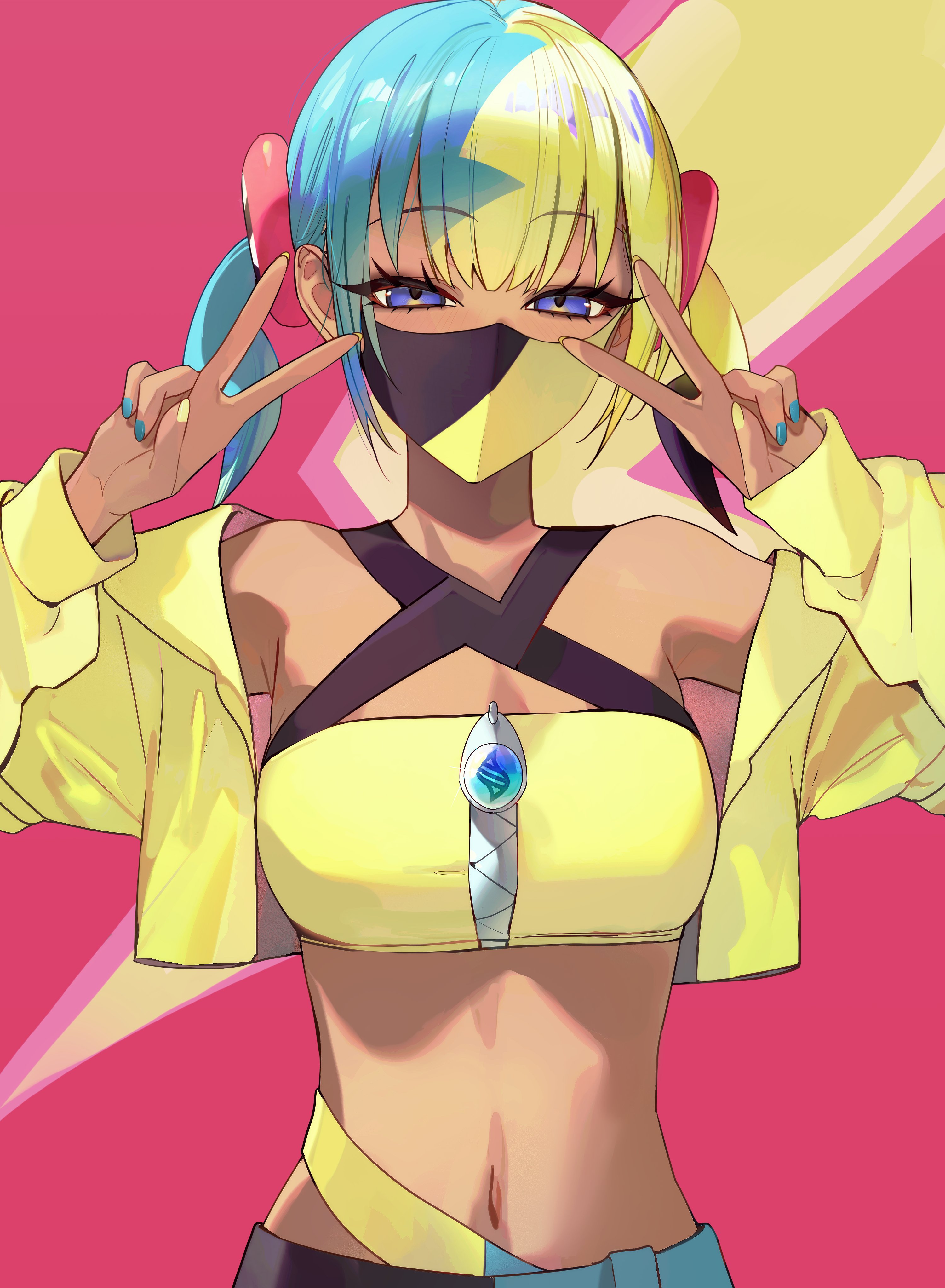 kanniiepan, canari (pokemon), nintendo, pokemon, pokemon legends: z-a, absurdres, commentary, highres, 1girl, aqua hair, bandeau, black mask, blonde hair, blue eyes, breasts, center-flap bangs, criss-cross straps, cropped jacket, dark-skinned female, dark skin, double v, eyelashes, hands up, jacket, long sleeves, looking at viewer, mask, mega ring, mega stone, midriff, mouth mask, multicolored hair, nail polish, navel, pants, short twintails, solo, split-color hair, sports bra, twintails, two-tone hair, two-tone mask, two-tone pants, v, yellow bandeau, yellow jacket, yellow mask, yellow sports bra, zipper, zipper pull tab