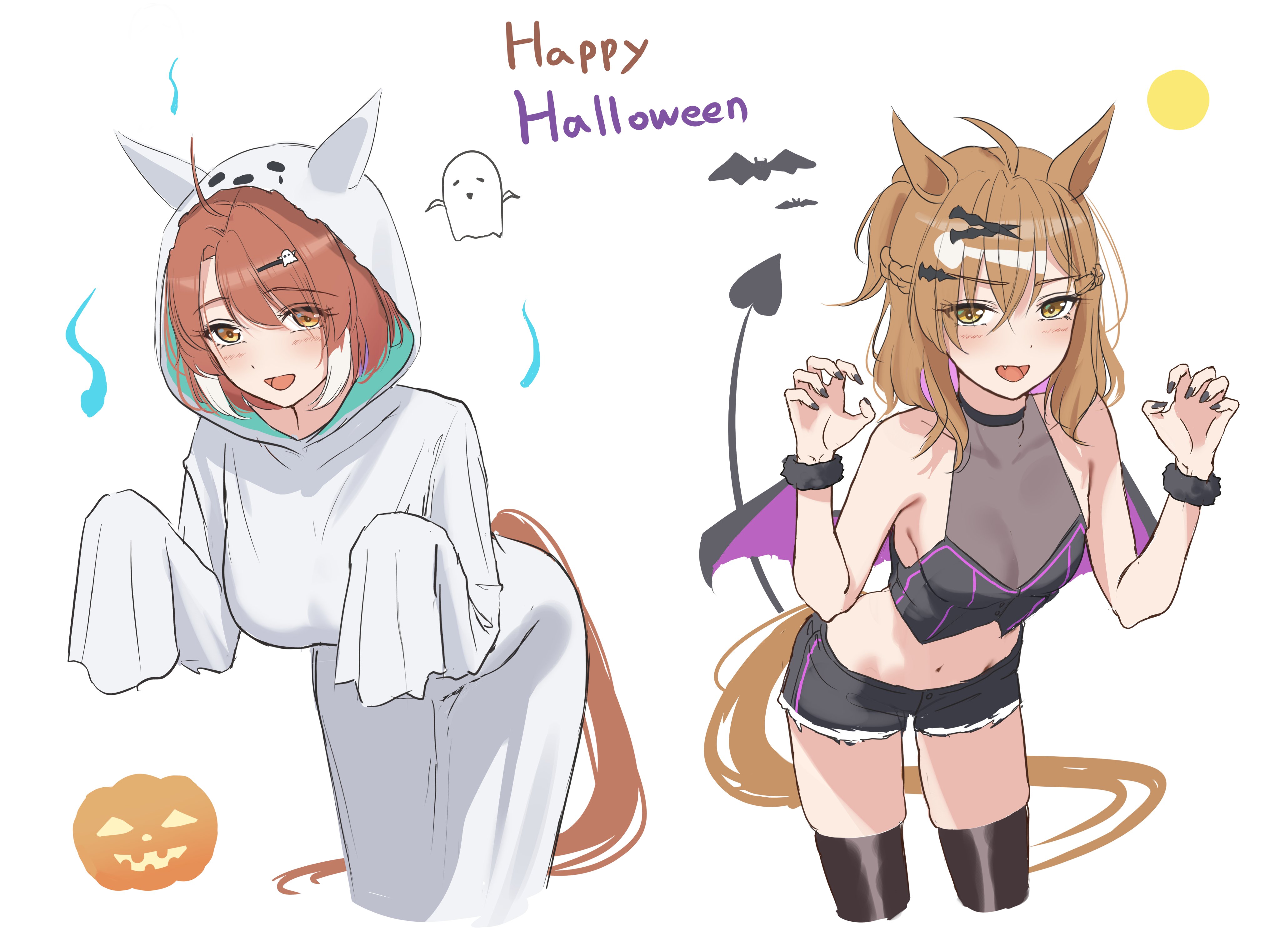 kimchi (user mpzz8457), dantsu flame (umamusume), jungle pocket (umamusume), umamusume, absurdres, highres, 2girls, animal ears, black nails, black shorts, black thighhighs, blush, breasts, brown eyes, brown hair, brown tail, claw pose, crop top, demon tail, demon wings, fake tail, fake wings, ghost costume, ghost pose, hair ornament, hairclip, halloween, halloween costume, happy halloween, horse ears, horse girl, horse tail, large breasts, leaning forward, looking at viewer, low wings, midriff, multiple girls, open mouth, sheet ghost, short shorts, shorts, simple background, small breasts, smile, tail, thighhighs, white background, white streaks, wings, zettai ryouiki
