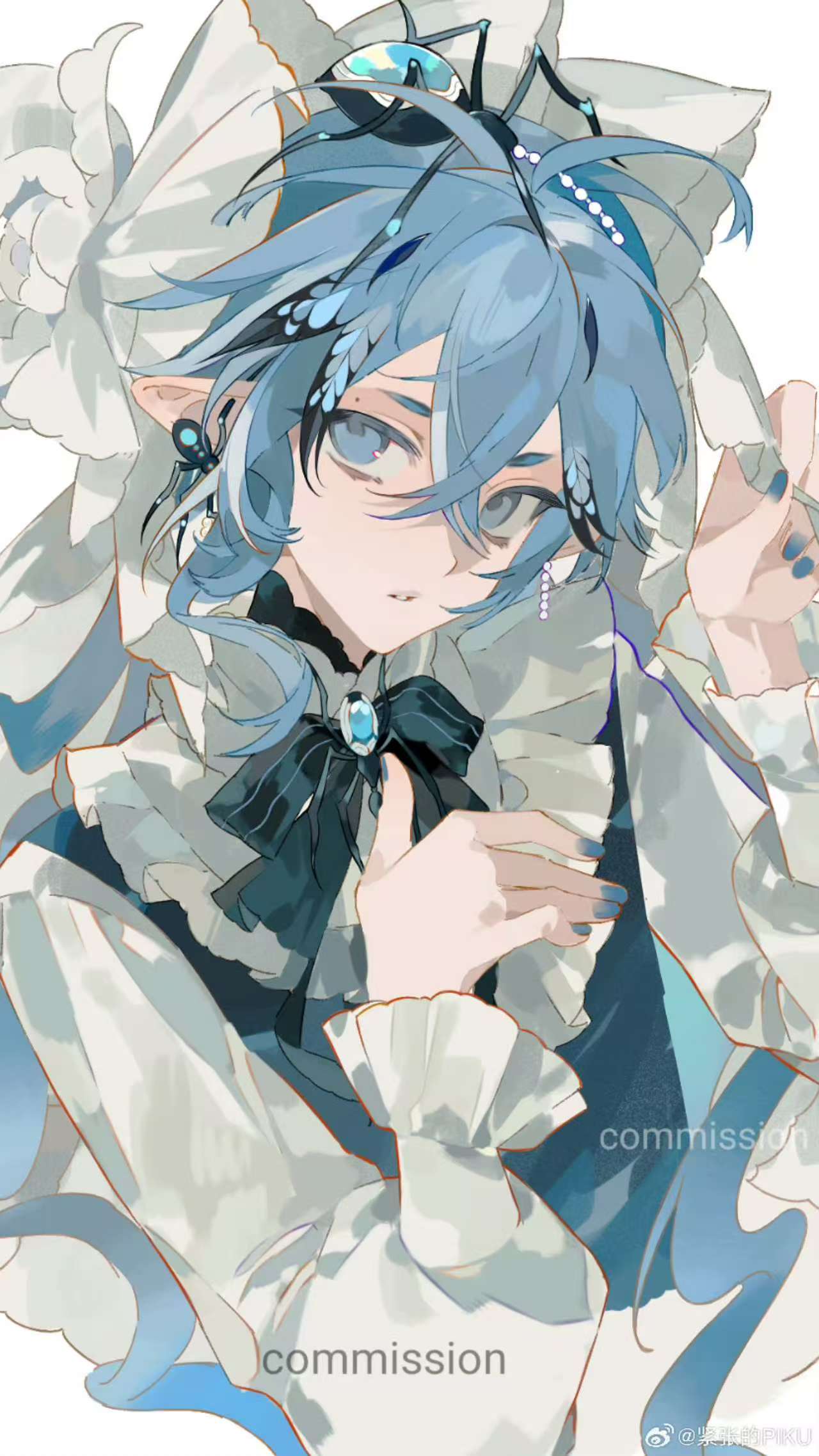 original, bad source, commentary request, highres, 1boy, black bow, black bowtie, blue eyes, blue hair, bow, bowtie, jinzhangde piku, long hair, shirt, white shirt