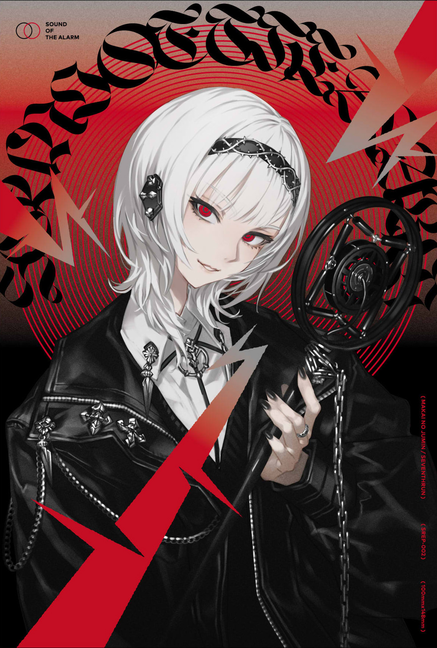 makai no juumin, original, highres, 1girl, black hairband, black nails, hair ornament, hairband, holding, holding microphone stand, jacket, jewelry, looking at viewer, medium hair, microphone stand, open clothes, open jacket, red eyes, ring, solo, upper body, white hair