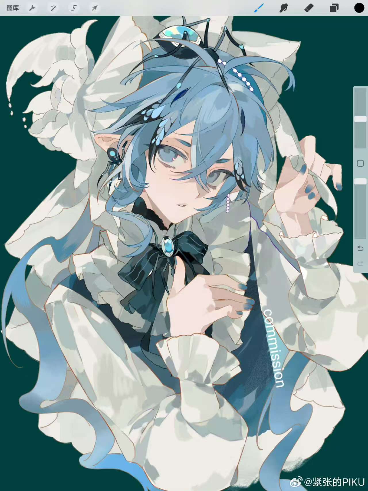 original, bad source, commentary request, highres, 1boy, black bow, black bowtie, blue eyes, blue hair, bow, bowtie, jinzhangde piku, long hair, shirt, white shirt