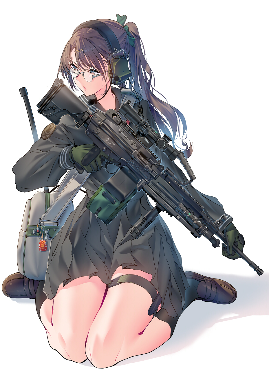 daito, original, commentary request, highres, weapon request, 1girl, bag, black sailor collar, black serafuku, black shirt, black skirt, black socks, brown hair, brown shoes, ear protection, full body, glasses, gloves, green gloves, gun, holding, holding gun, holding weapon, long hair, machine gun, microphone, pleated skirt, radio antenna, round eyewear, sailor collar, school uniform, scope, serafuku, shirt, shoes, shoulder bag, simple background, sitting, skirt, socks, solo, trigger discipline, wariza, weapon, white background