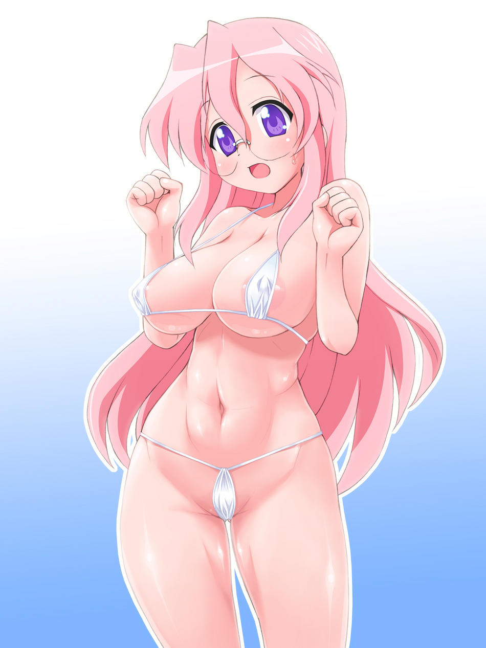 elf k, takara miyuki, lucky star, highres, 00s, 1girl, areola slip, bikini, blush, breasts, clenched hand, clenched hands, covered erect nipples, curvy, embarrassed, female focus, forearms at chest, glasses, gluteal fold, huge breasts, large breasts, long hair, micro bikini, navel, open mouth, pink hair, purple eyes, solo, swimsuit, wide hips