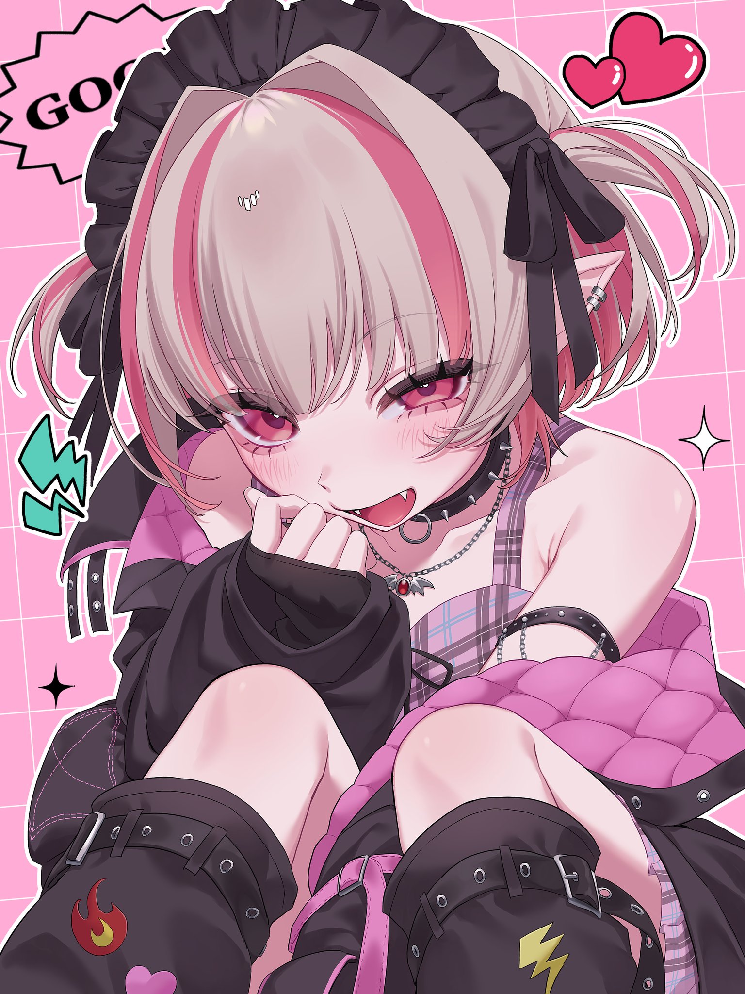 yumo x x, makaino ririmu, makaino ririmu (6th costume), nijisanji, highres, 1girl, alternate headwear, arm strap, black collar, black headdress, black jacket, black leg warmers, blunt bangs, blush, chain, chain necklace, collar, collarbone, colored inner hair, crop top, ear cuffs, fangs, feet out of frame, fingerless gloves, flame print, gloves, grey hair, grid background, hair intakes, half-closed eye, hand to own mouth, heart, heart print, jacket, jewelry, knees up, leg belt, leg warmers, lightning bolt print, looking at viewer, maid headdress, multicolored hair, naughty face, necklace, open clothes, open jacket, open mouth, pendant, pink background, pink hair, pink jacket, pink streaks, plaid clothes, pointy ears, red eyes, short hair, single off shoulder, sitting, sleeves past wrists, smile, solo, spiked collar, spikes, streaked hair, two-sided fabric, two-sided jacket, two-tone hair, two side up, virtual youtuber, wolf cut