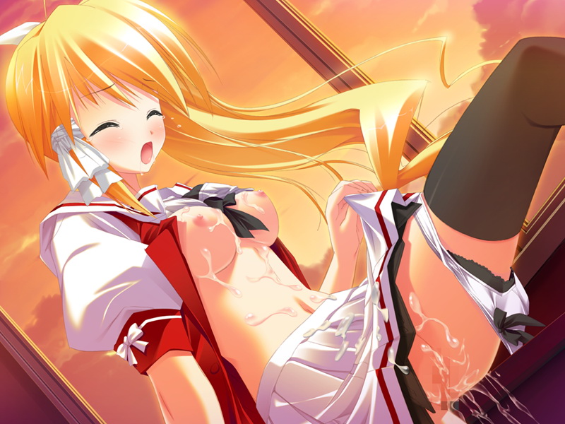 tagme, blonde hair, breasts, censored, classroom, closed eyes, clothes lift, cum, cum on body, cum on breasts, cum on clothes, cum on upper body, female orgasm, long hair, open mouth, orgasm, panties, panties around leg, pussy juice, school, school uniform, shirt lift, skirt, skirt lift, underwear