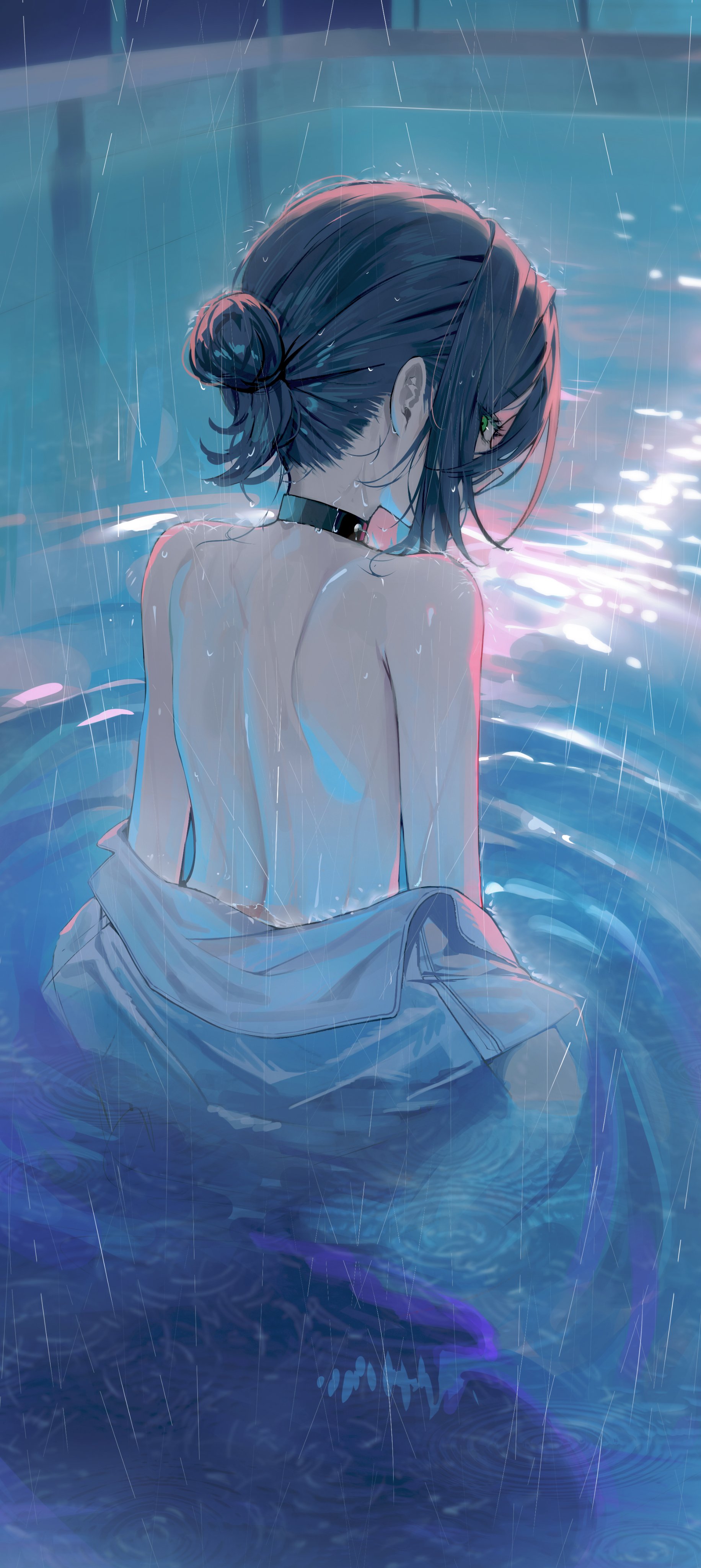 kerno, reze (chainsaw man), chainsaw man, absurdres, highres, revision, 1girl, bare back, bare shoulders, black choker, black hair, choker, from behind, looking at viewer, looking back, open clothes, open shirt, outdoors, rain, shirt, solo, water drop, white shirt