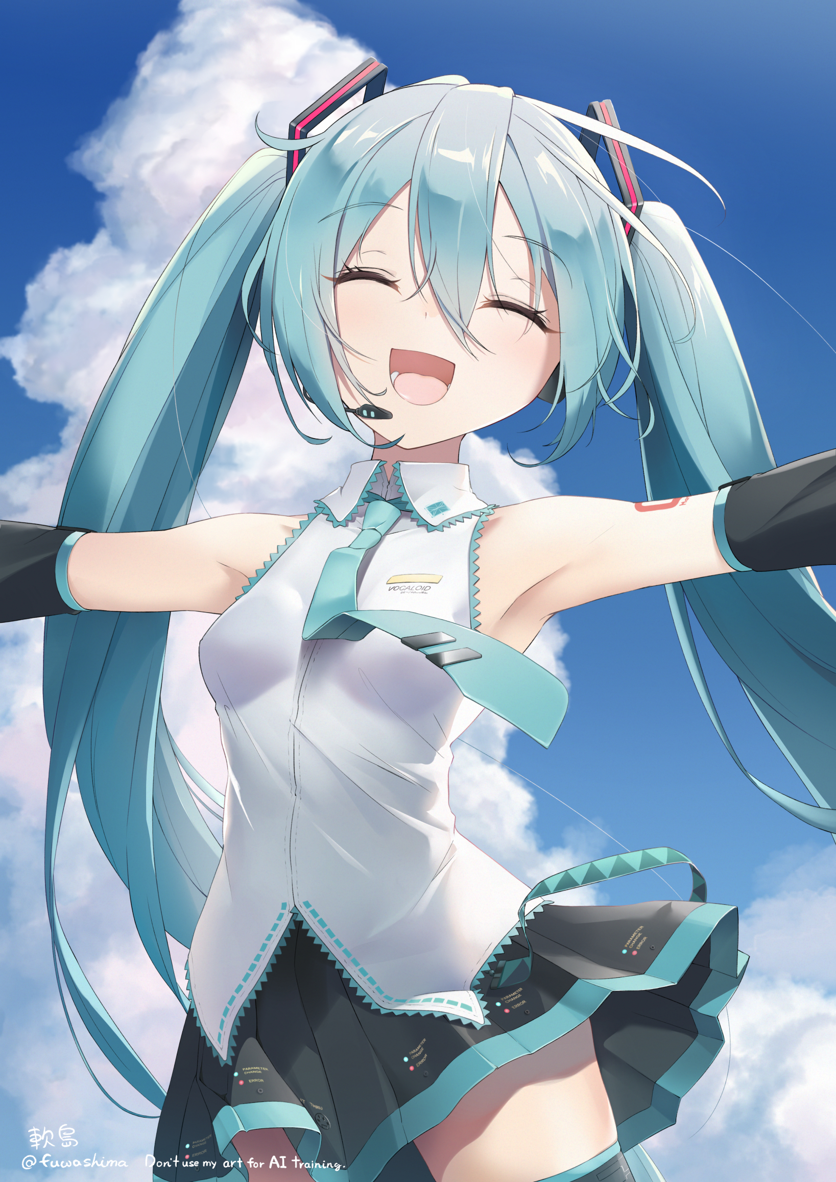 fuwashima, hatsune miku, vocaloid, commentary request, highres, 1girl, aqua hair, aqua nails, aqua trim, arm tattoo, armpits, black skirt, blue sky, breasts, closed eyes, cloud, collared shirt, detached sleeves, hair between eyes, hair ornament, headset, light blush, long hair, medium breasts, miniskirt, number tattoo, open mouth, outdoors, outstretched arms, pleated skirt, shirt, skirt, sky, sleeveless, sleeveless shirt, smile, solo, tattoo, twintails, very long hair, white shirt