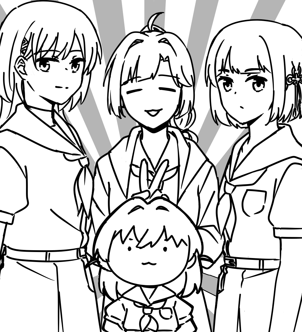 anyoji hime, hinoshita kaho, katsuragi izumi, momose ginko, link! like! love live!, love live!, commentary request, 4girls, :3, ahoge, blunt bangs, bob cut, bunny ears prank, chibi, closed eyes, closed mouth, dress, greyscale, hair ornament, hasu no sora school uniform, hood, hooded jacket, jacket, jellyfish cut, light smile, long sleeves, looking at viewer, monochrome, multi-tied hair, multiple girls, open clothes, open jacket, pleated dress, ponytail, potatopenggu, princes (love live!), puffy short sleeves, puffy sleeves, school uniform, short hair, short sleeves, summer uniform, sunburst, sunburst background, triangle hair ornament, virtual youtuber