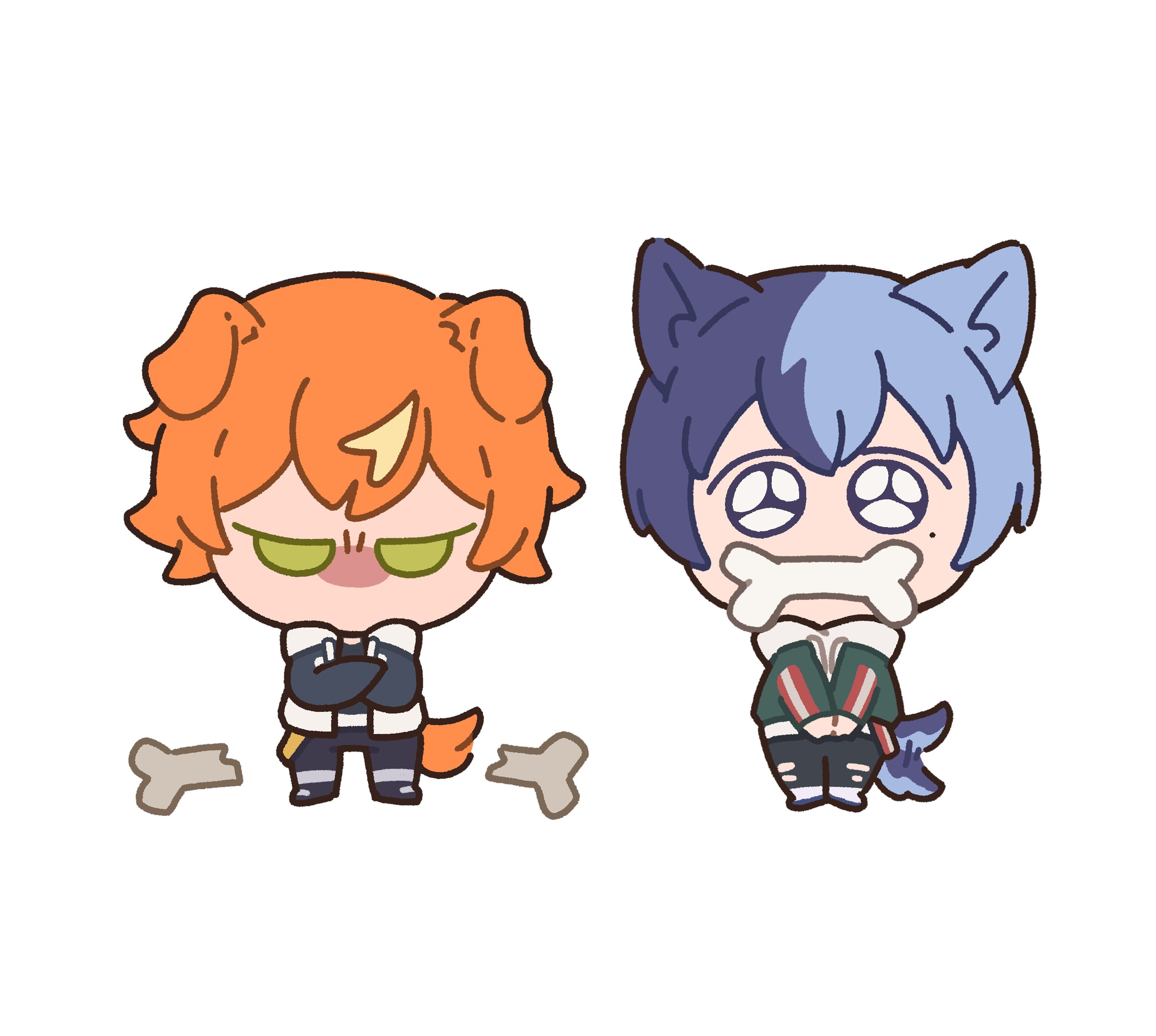 h4chii, aoyagi touya, shinonome akito, project sekai, absurdres, commentary, highres, 2boys, animal ears, black pants, blonde hair, blue hair, bone, chibi, crossed arms, dog boy, dog ears, dog tail, full body, green eyes, long sleeves, looking at viewer, male focus, mole, mole under eye, multicolored hair, multiple boys, orange eyes, pants, short hair, simple background, split-color hair, standing, streaked hair, tail, tail wagging, torn clothes, torn pants, two-tone hair, white background
