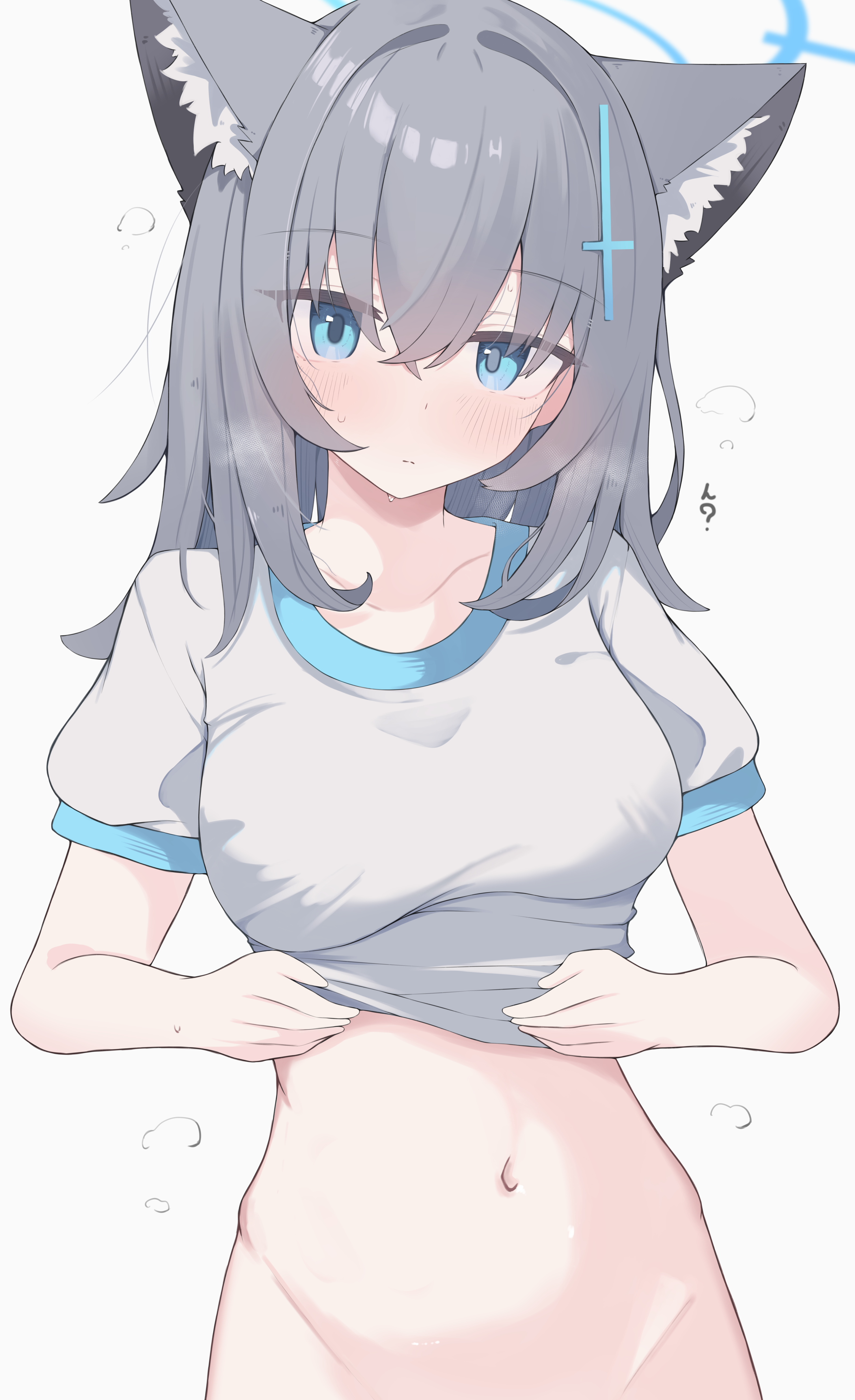 nui (nuinui0300), shiroko (blue archive), blue archive, absurdres, highres, variant set, 1girl, animal ear fluff, animal ears, blue eyes, breasts, cross hair ornament, grey hair, hair ornament, halo, looking at viewer, medium breasts, navel, shirt, simple background, solo, white background, wolf ears