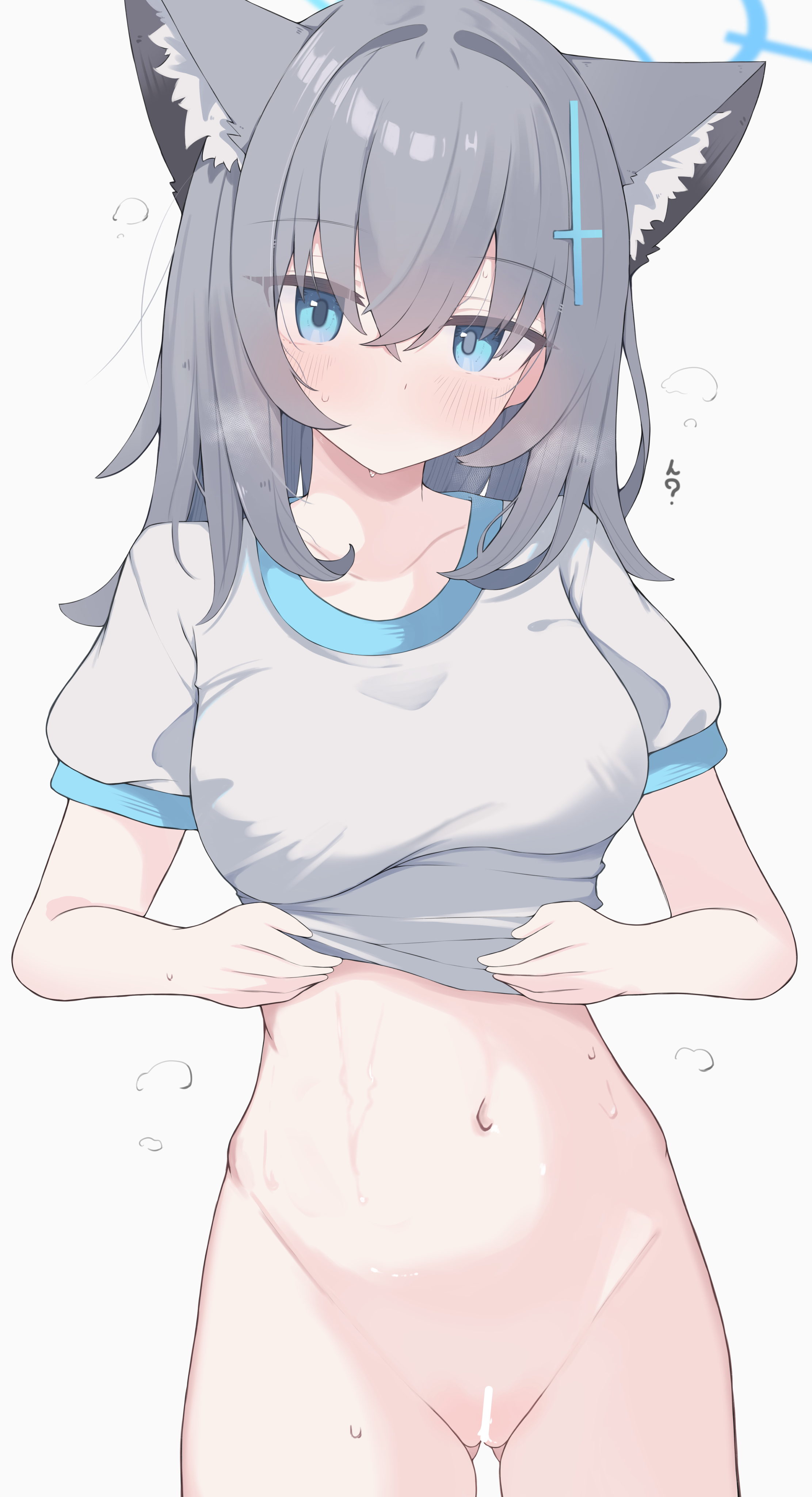 nui (nuinui0300), shiroko (blue archive), blue archive, absurdres, highres, variant set, 1girl, animal ear fluff, animal ears, artistic error, bar censor, blue eyes, bottomless, breasts, censored, cross hair ornament, grey hair, hair ornament, halo, looking at viewer, medium breasts, navel, no mouth, shirt, simple background, solo, white background, wolf ears