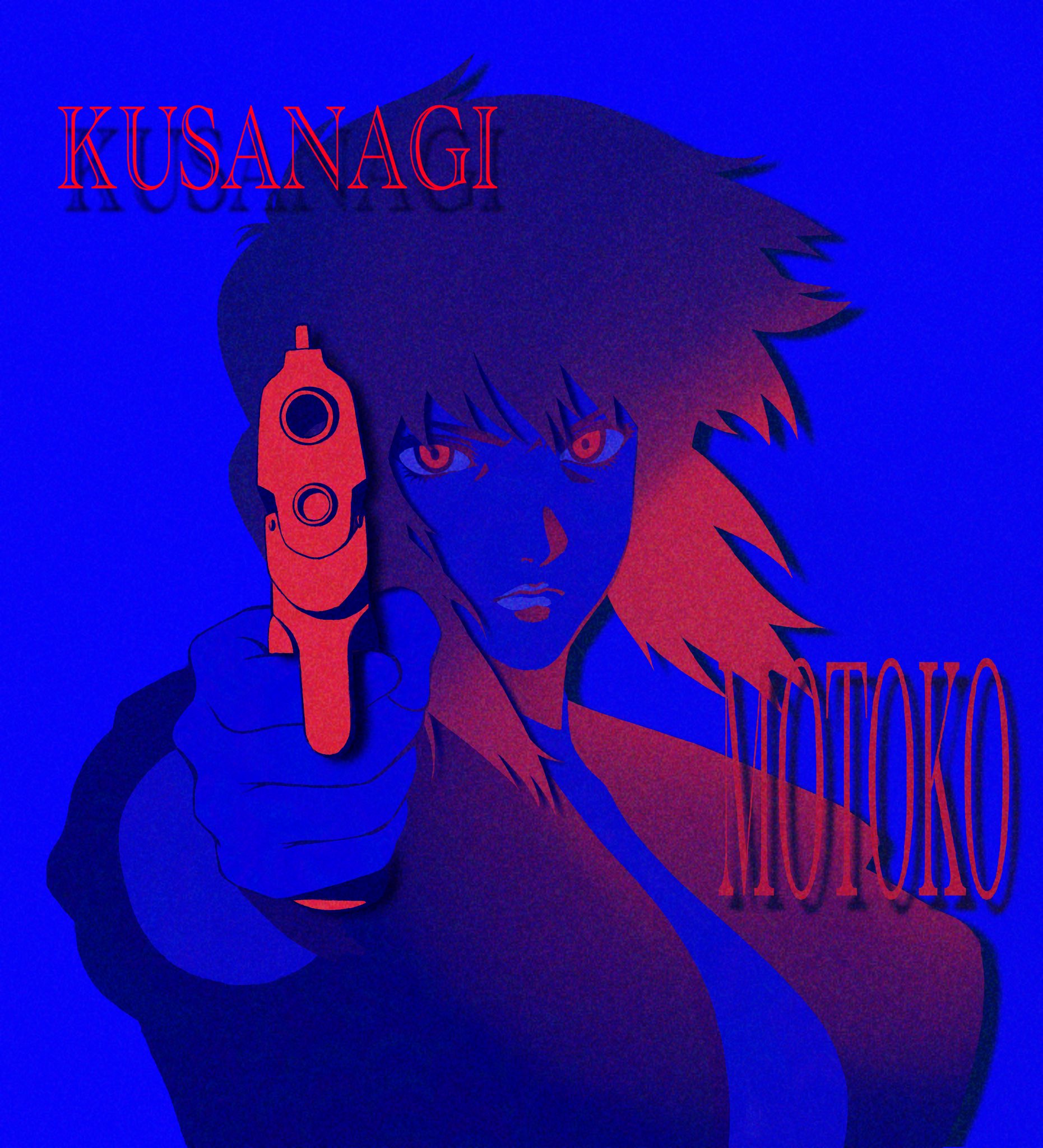 aizheajsee, kusanagi motoko, ghost in the shell, ghost in the shell: stand alone complex, highres, 1girl, aiming, aiming at viewer, blue background, character name, finger on trigger, gun, handgun, holding, holding gun, holding weapon, looking at viewer, purple hair, red eyes, solo, weapon