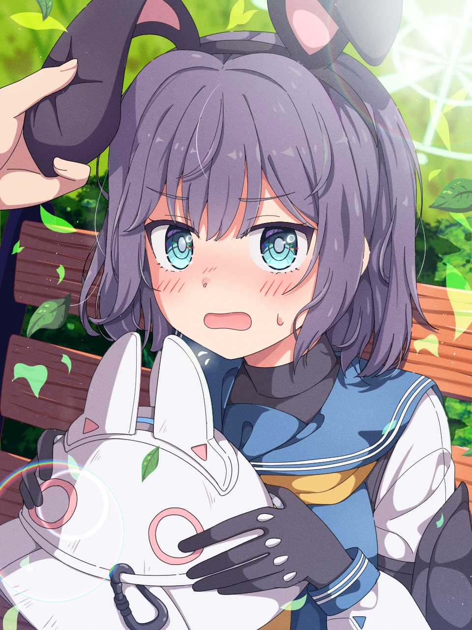 mikoshi (user wvyd4348), saki (blue archive), blue archive, highres, 1girl, animal ears, black gloves, blush, fake animal ears, gloves, helmet, neckerchief, rabbit ears, unworn headwear, yellow neckerchief