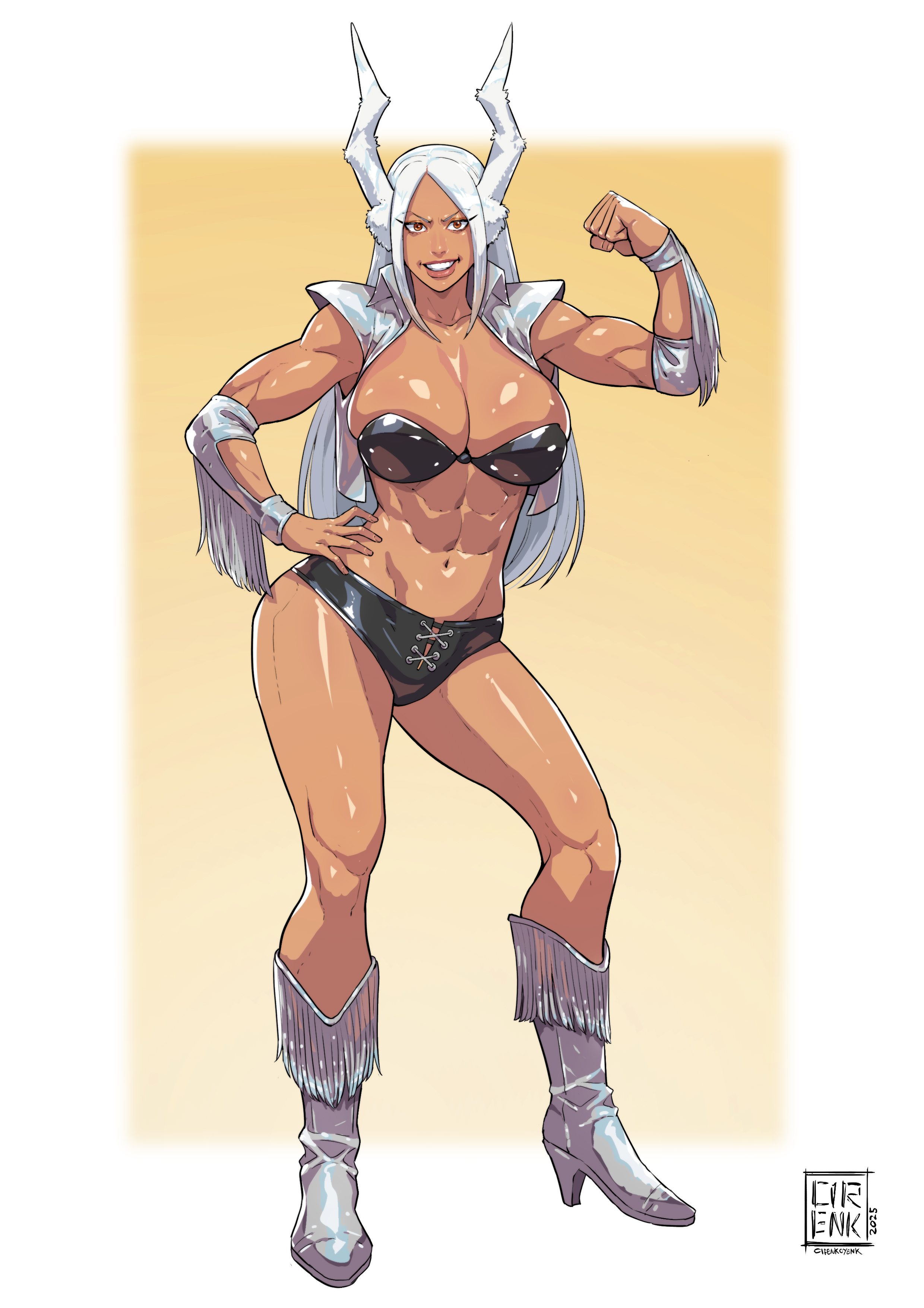 cirenk, mirko, tina armstrong, boku no hero academia, absurdres, highres, 1girl, animal ears, black bra, black panties, boots, bra, breasts, cosplay, dark-skinned female, dark skin, large breasts, long hair, looking at viewer, panties, rabbit ears, rabbit girl, red eyes, solo, tina armstrong (cosplay), underwear, white boots, white hair