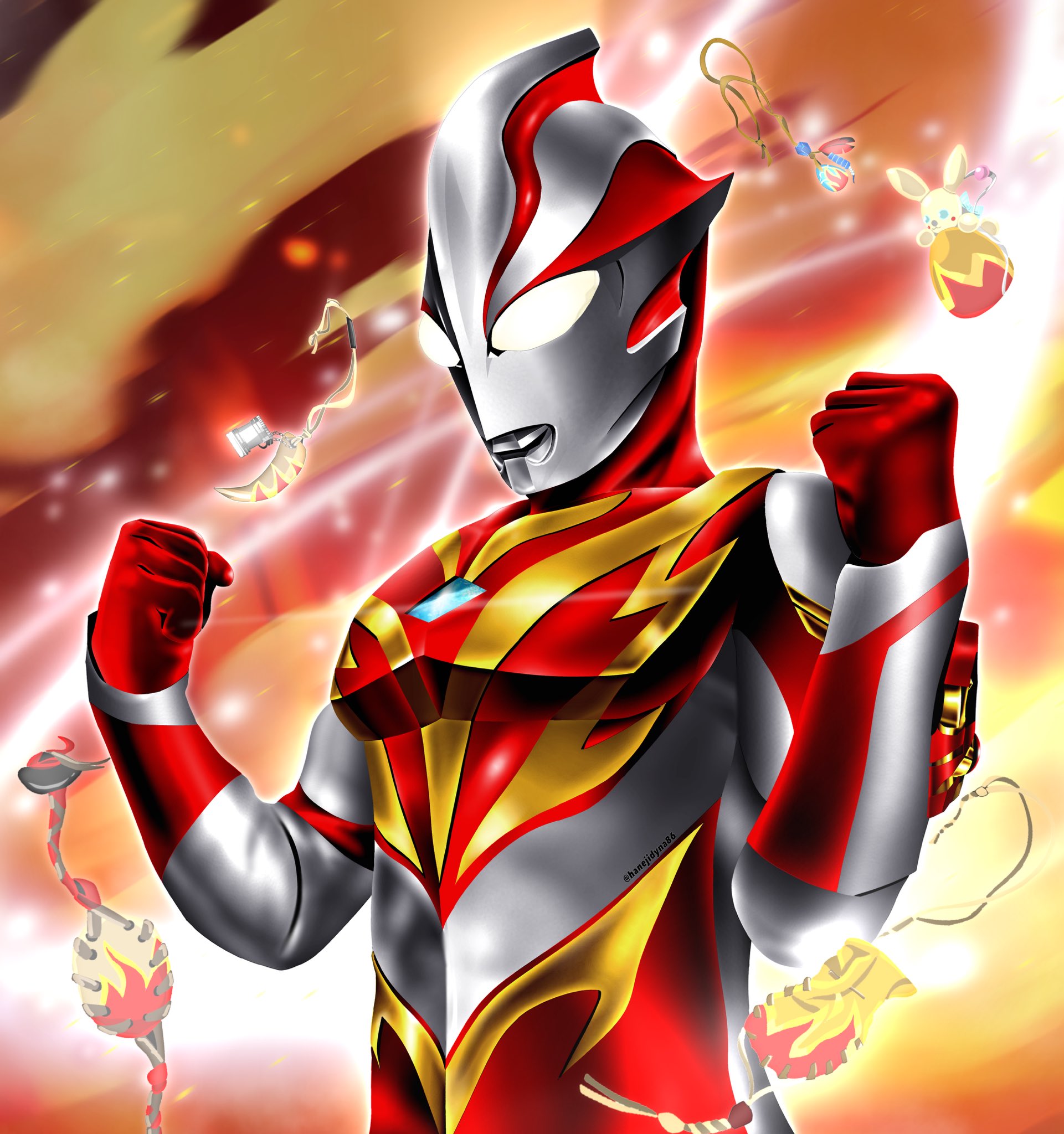 hanejidyna86, ultraman mebius, ultraman mebius (mebius burning brave), tokusatsu, ultra series, ultraman mebius (series), commentary, highres, 1boy, alien, animal charm, arm guards, charm (object), clenched hands, collarbone, color timer, colored skin, compound eyes, dorsal fin, fang, fiery background, fire, giant, giant male, glowing, glowing eyes, gold trim, hands up, jewelry, looking down, male focus, mebius brace, multicolored skin, muscular, muscular male, no pupils, pectorals, pendant, red skin, silver skin, solo, standing, twitter username, two-tone skin, upper body, white eyes, wrinkled skin