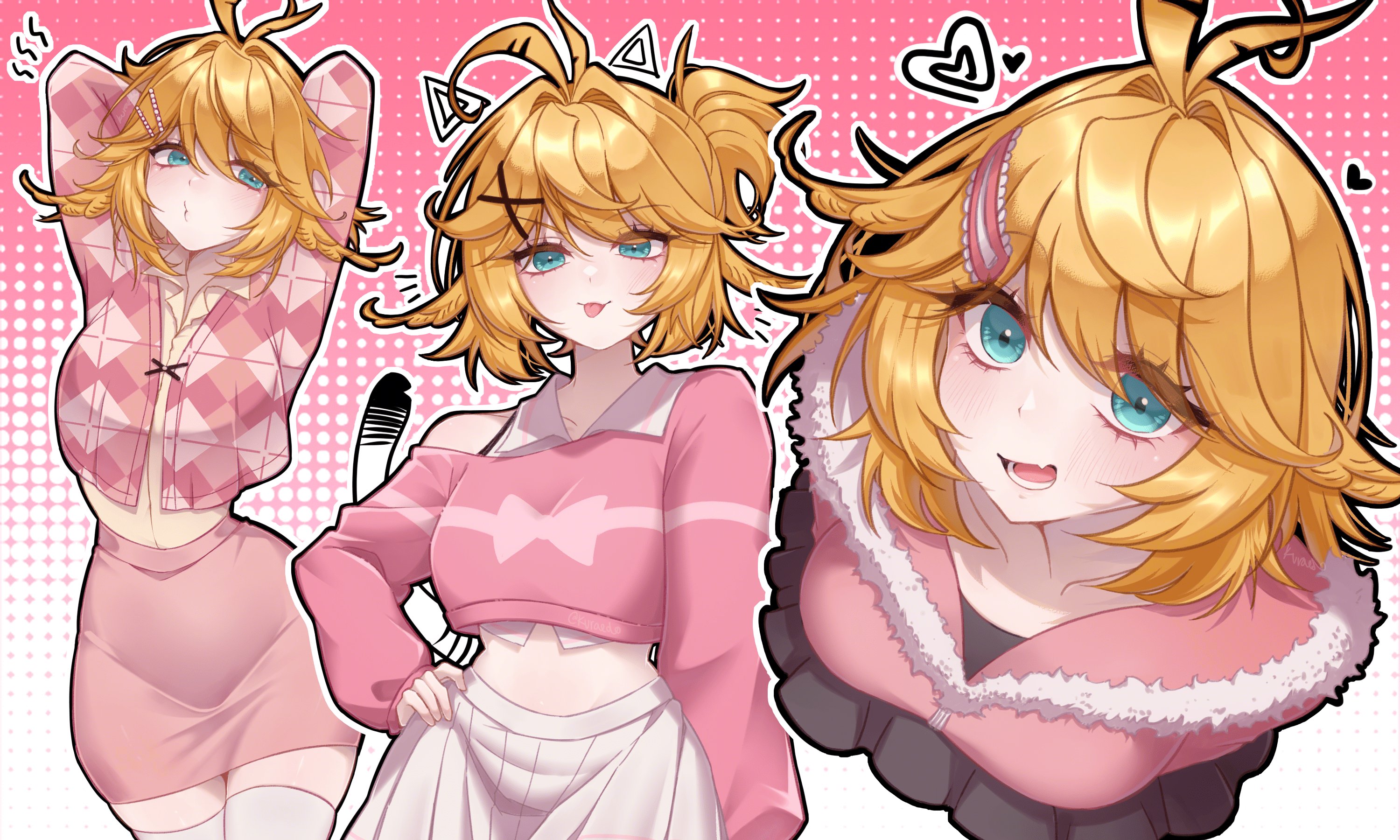 kuraedo, dokibird, indie virtual youtuber, highres, 1girl, ahoge, alternate costume, black skirt, blonde hair, blue eyes, cowboy shot, gradient background, hair ornament, hairclip, heart, medium hair, multiple views, open mouth, pencil skirt, pink background, pink shirt, pink skirt, pleated skirt, shirt, skirt, thighhighs, tongue, tongue out, virtual youtuber, white background, white skirt, white thighhighs