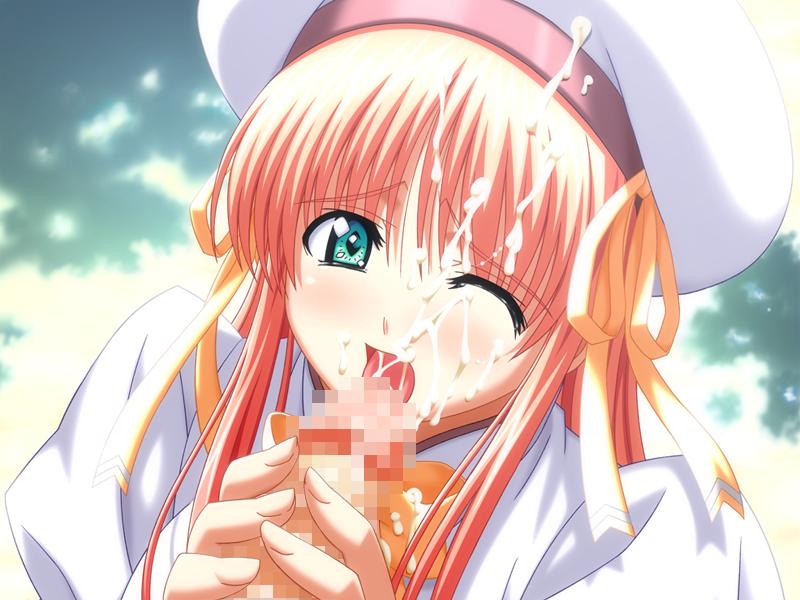 reijou gakuen 2, game cg, 1boy, 1girl, beret, blush, censored, cum, cum in mouth, cum on body, cum on hair, facial, fellatio, green eyes, handjob, hat, hetero, himemiya yui, long hair, mosaic censoring, one eye closed, oral, orange hair, penis, penis grab, ribbon, solo focus, tongue