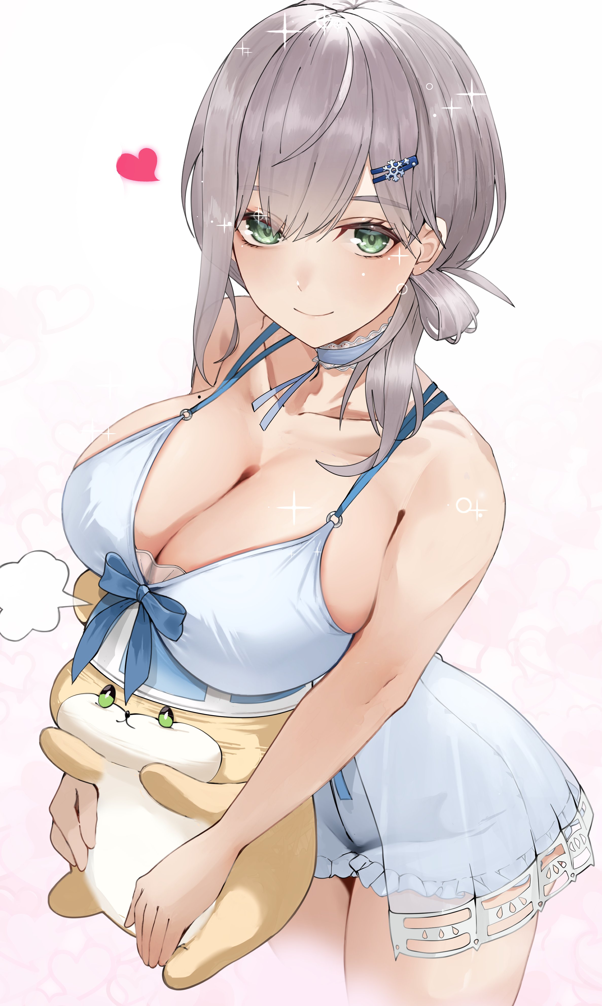 tomo0843, dan'in-san (shirogane noel), shirogane noel, shirogane noel (9th costume), hololive, absurdres, highres, 1girl, bloomers, blue bloomers, blue choker, blue nightgown, breasts, choker, cleavage, frilled shorts, frills, green eyes, grey hair, hair ornament, heart, large breasts, looking at viewer, nightgown, official alternate costume, official alternate hairstyle, shorts, simple background, smile, solo, string choker, underwear, virtual youtuber