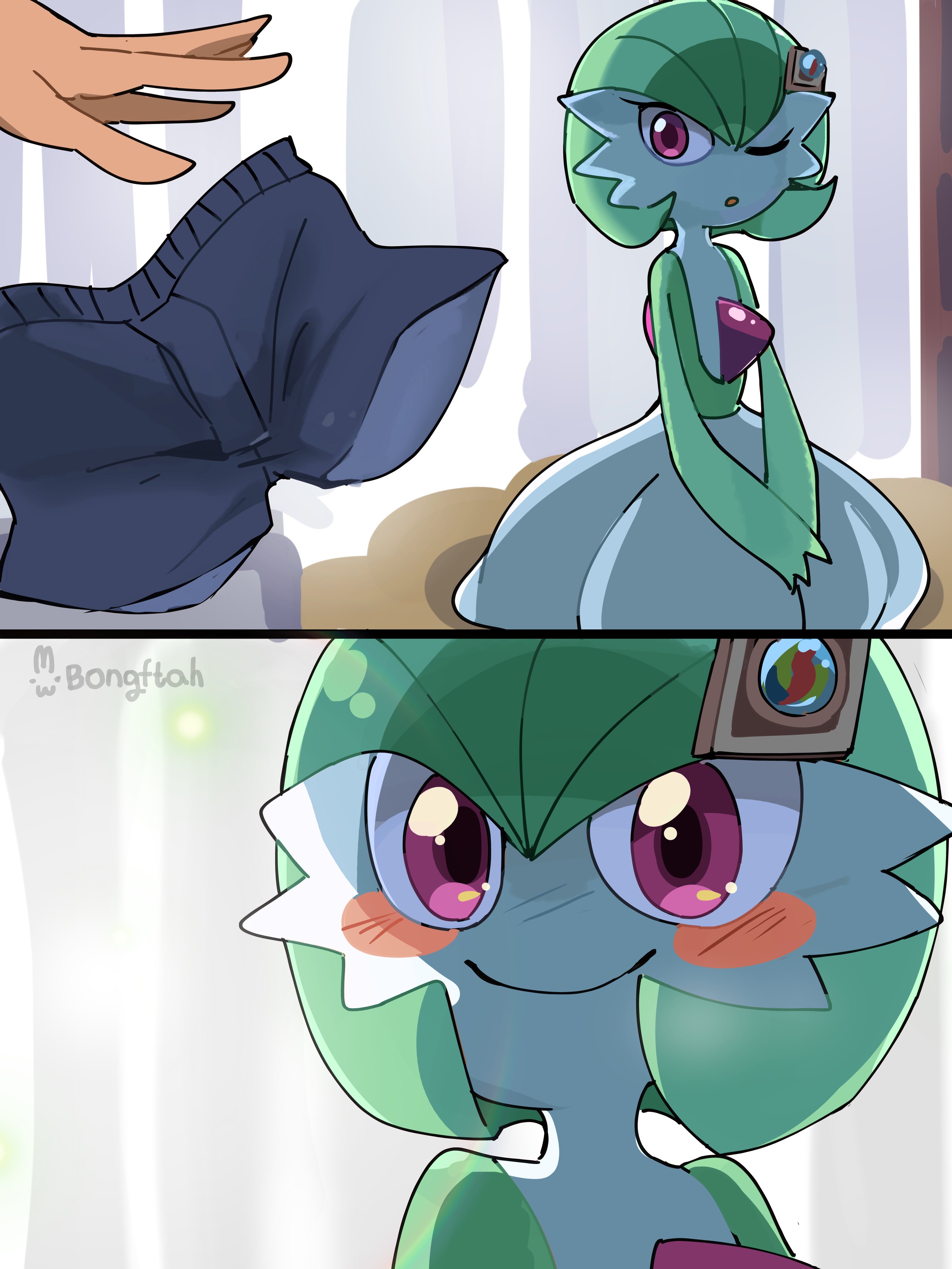 bongftah, gardevoir, nintendo, pokemon, absurdres, commentary, highres, symbol-only commentary, 1girl, 1other, ;o, artist name, blue shorts, blush stickers, closed mouth, curtains, gen 3 pokemon, green hair, male underwear, one eye closed, pokemon (creature), pokephilia, purple eyes, short hair, shorts, smile, underwear, unworn male underwear