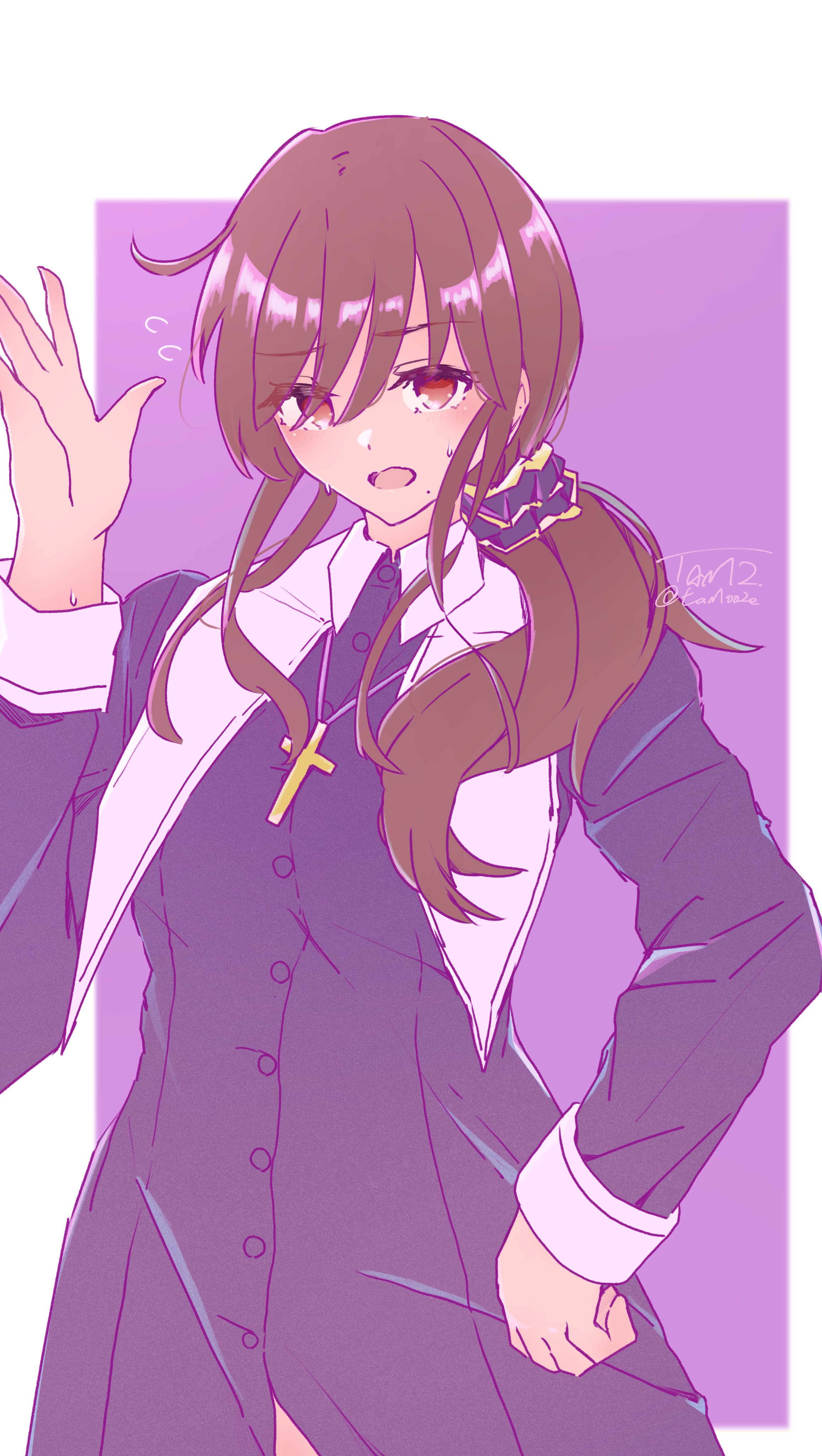 tam002, noel (tsukihime), tsukihime, tsukihime (remake), absurdres, highres, 1girl, blush, brown eyes, brown hair, cross, cross necklace, hair ornament, hair scrunchie, hand on own hip, jewelry, mole, mole under mouth, necklace, nervous sweating, nun, purple background, scrunchie, side ponytail, standing, sweat, waving, wavy hair, wing collar