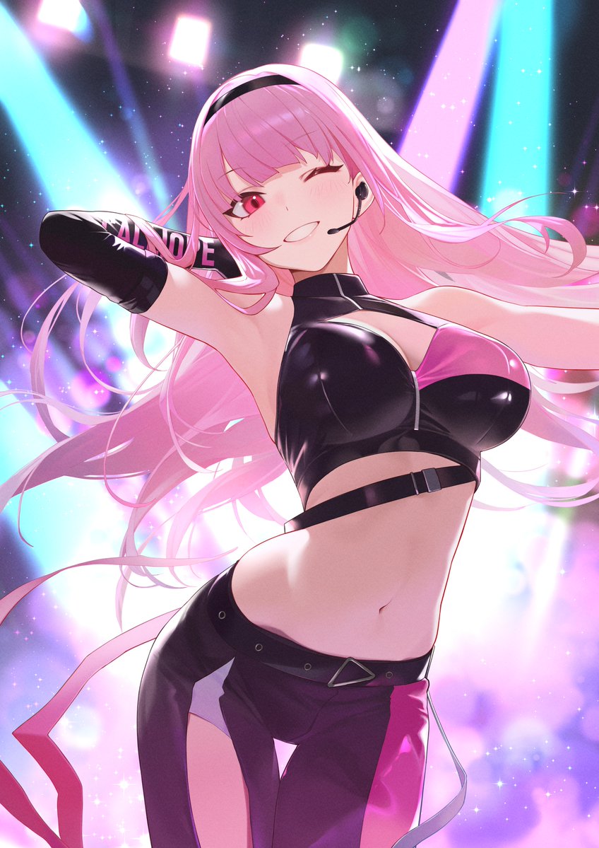 serelith, mori calliope, hololive, hololive english, 1girl, bare shoulders, belt, black hairband, breasts, character name, detached sleeves, earpiece, hairband, large breasts, looking at viewer, navel, official alternate costume, one eye closed, pink eyes, red eyes, smile