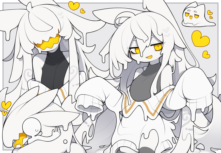 kisaragi kaya, dorodra (kisaragi kaya), original, commentary request, 1girl, 1other, ahoge, animal ears, bare shoulders, black shirt, chibi, chibi inset, colored skin, colored tongue, dripping, fangs, hair between eyes, hair flaps, long hair, long sleeves, looking at viewer, melting, monster girl, multiple views, off-shoulder sweater, off shoulder, open mouth, shirt, skin fangs, sleeveless, sleeveless shirt, sleeves past fingers, sleeves past wrists, smile, solo focus, sweater, very long hair, white hair, white skin, white sweater, yellow eyes, yellow tongue