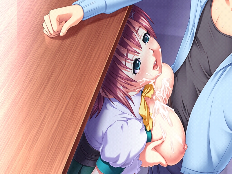 artist request, character request, 1boy, 1girl, blue eyes, blush, breasts, brown hair, clothed sex, cum, cum on body, cum on breasts, cum on upper body, facial, grabbing own breast, hetero, huge breasts, looking up, open mouth, paizuri, penis, under table
