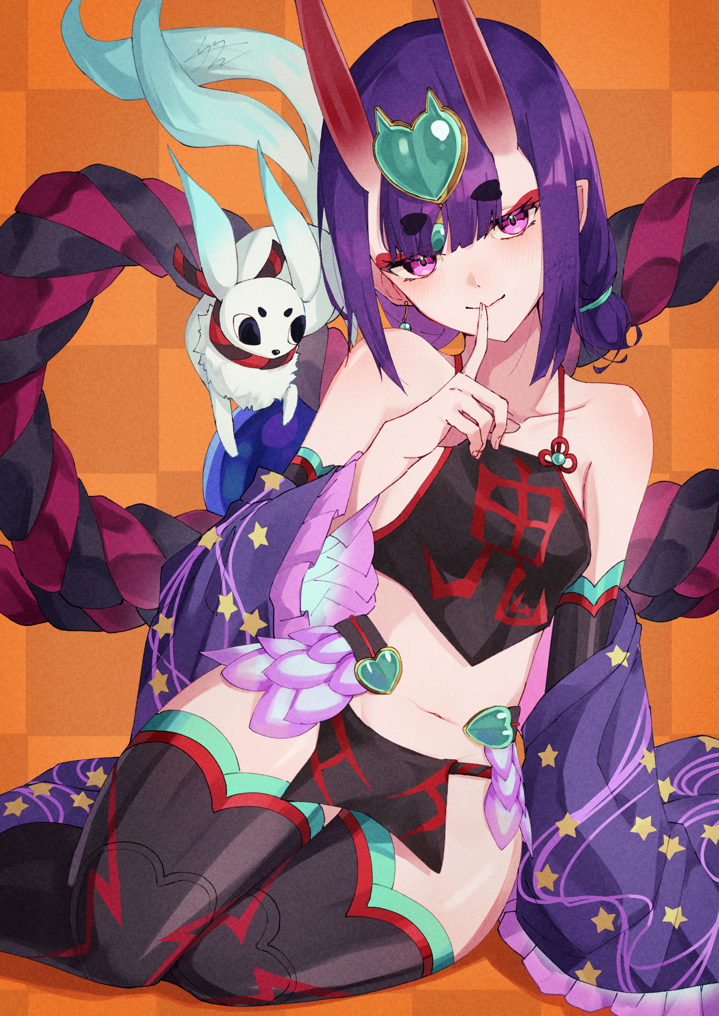 izanaware game, haku (fate), shuten douji (fate), shuten douji (fate/grand order), shuten douji (halloween caster) (fate), fate/grand order, fate (series), absurdres, highres, 1girl, animal, bare shoulders, black fundoshi, black thighhighs, blush, breasts, chinese clothes, detached sleeves, dudou, earrings, eyeliner, forehead jewel, fundoshi, horns, index finger raised, japanese clothes, jewelry, looking at viewer, low twintails, makeup, navel, oni, pointy ears, purple eyes, purple hair, short hair, short twintails, skin-covered horns, small breasts, smile, thighhighs, thighs, twintails