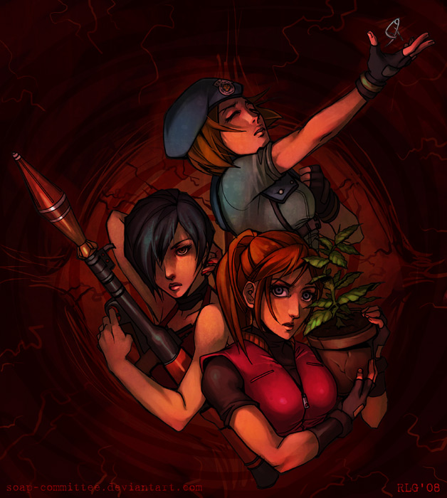 rebecca gunter, ada wong, claire redfield, jill valentine, capcom, resident evil, resident evil 2, 3girls, herb, lockpick, multiple girls, rocket launcher, rpg (weapon), weapon